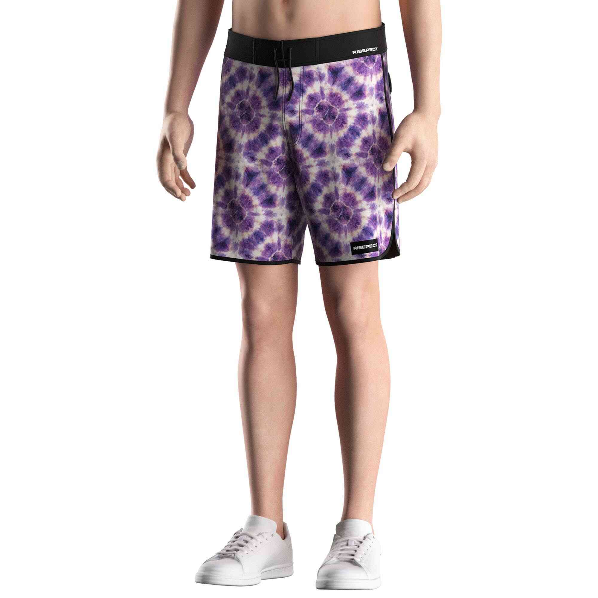 Men model in Rise swimwear surf trunks 8 inch wholesale men purple eyes front