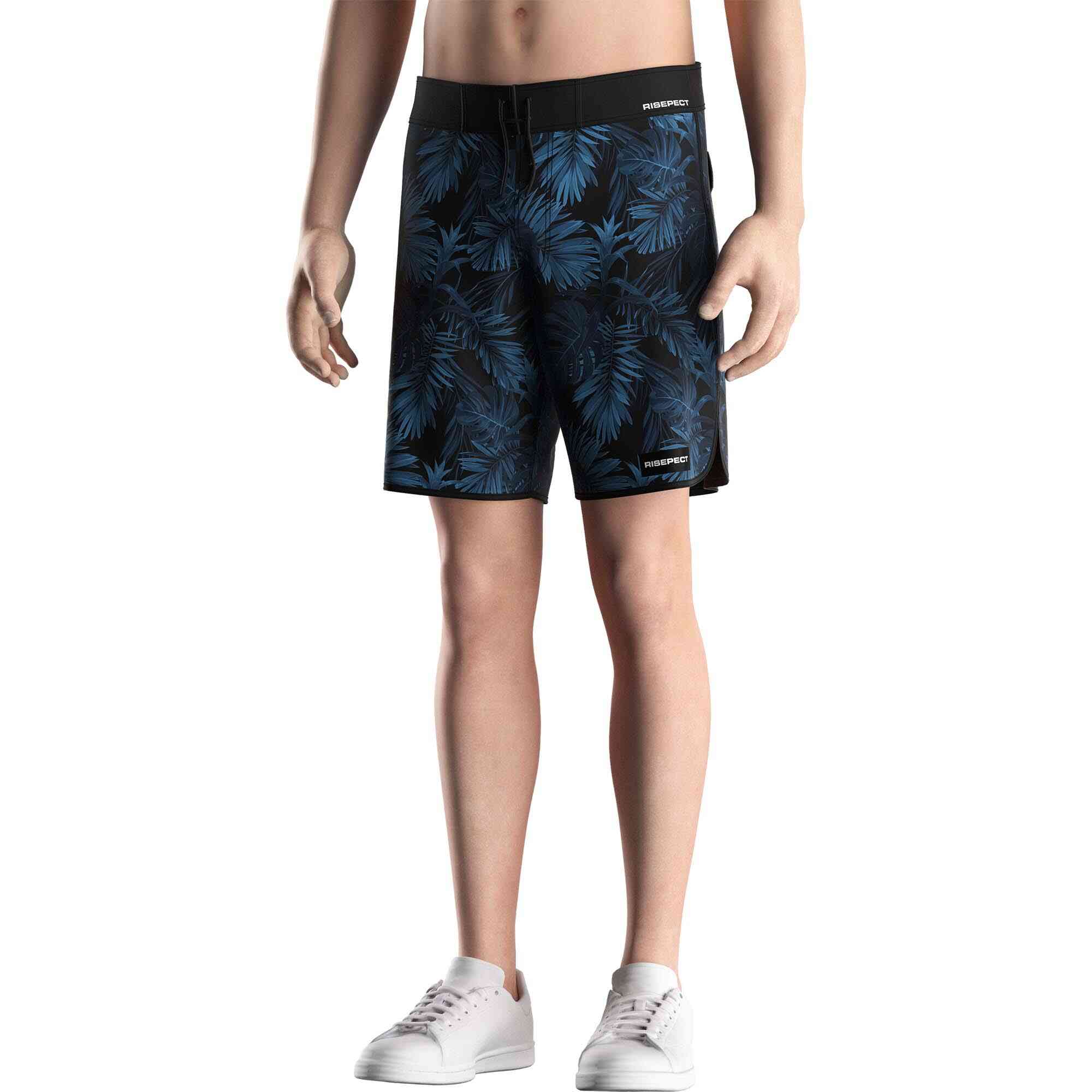 Men model in Rise swimwear 8 inch surf trunks wholesale men bright leaves front