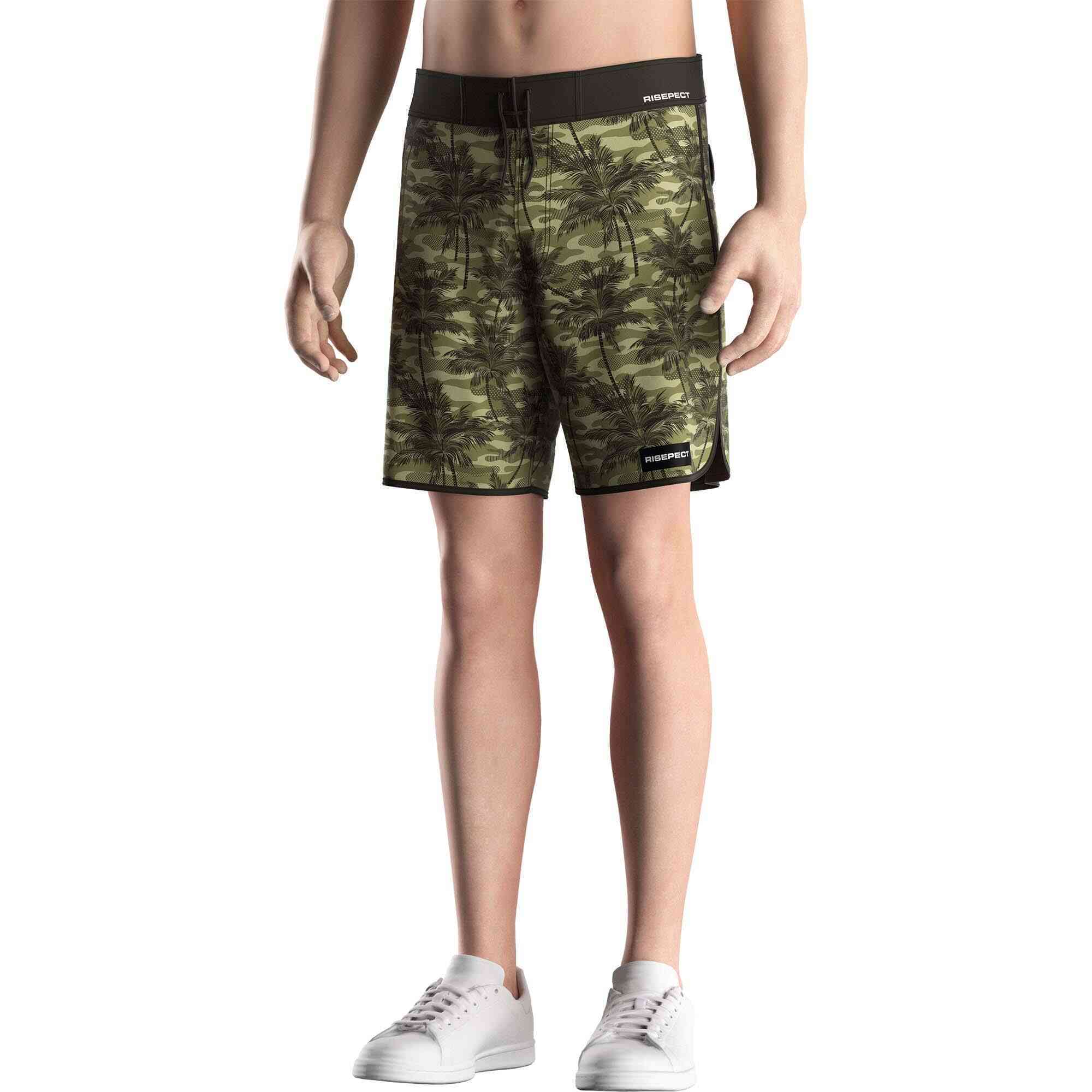 Men model in Rise swimwear 7 inch surf trunks wholesale men camouflage coconut front