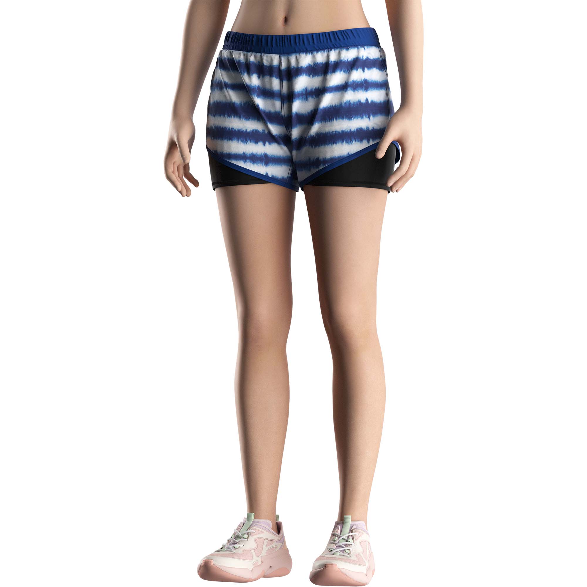 Model in Blue stripes double shorts factory female Rise swimwear front view