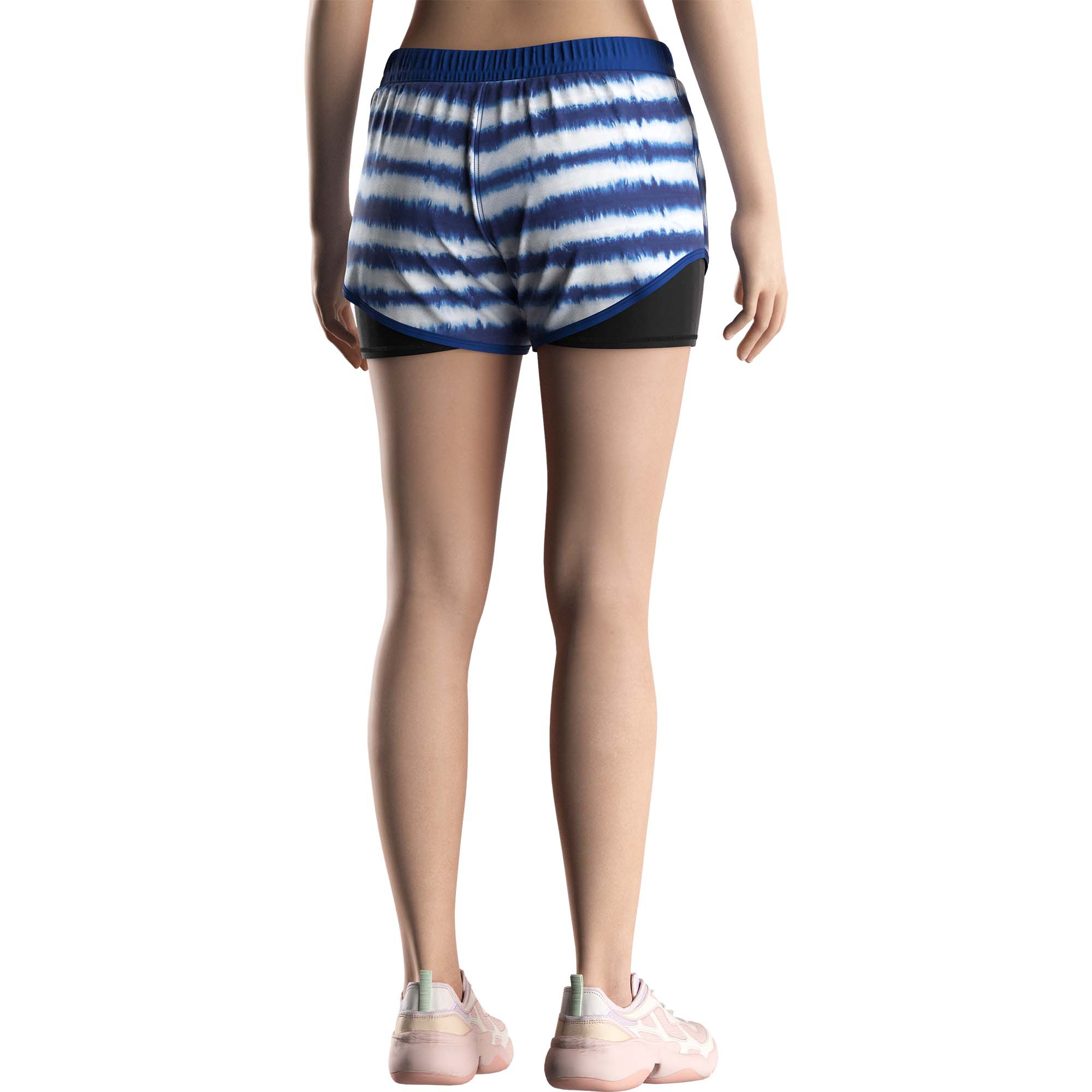 Model in Blue stripes double shorts factory female Rise swimwear back view