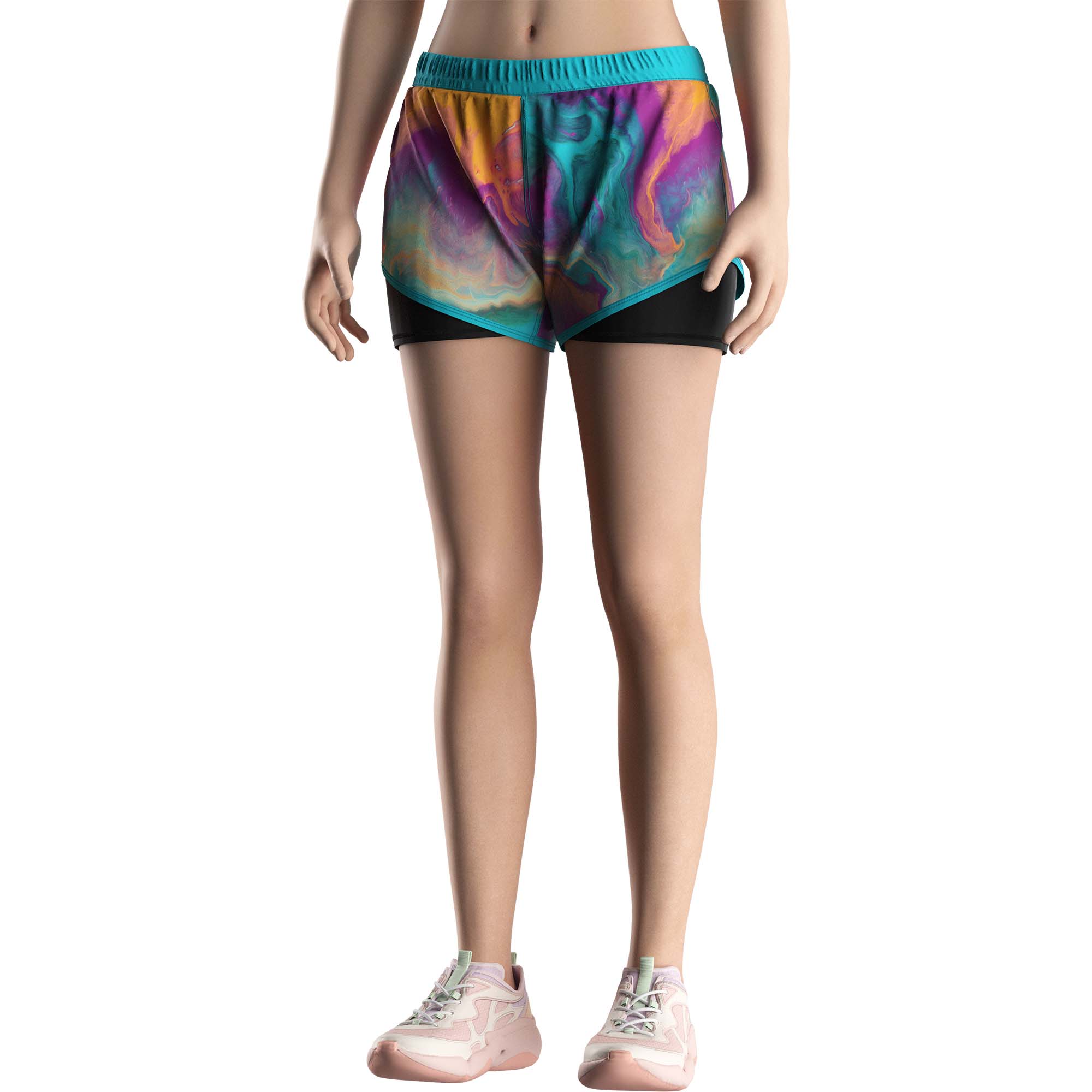 Model in Youth tie-dye double swim shorts wholesale lady Rise swimwear front view