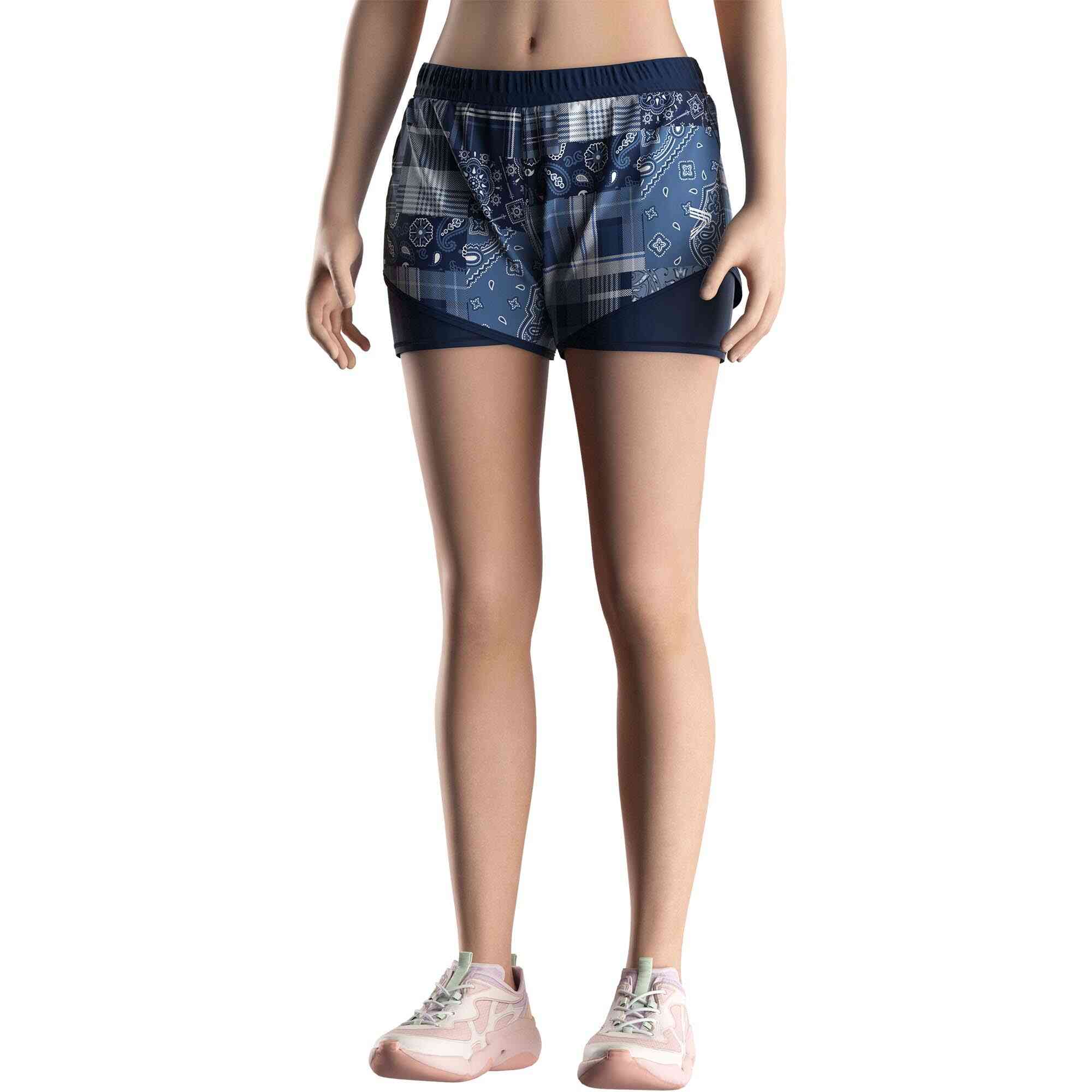 Model in Retro denim color 2 in 1 shorts sublimated lady Rise swimwear front view