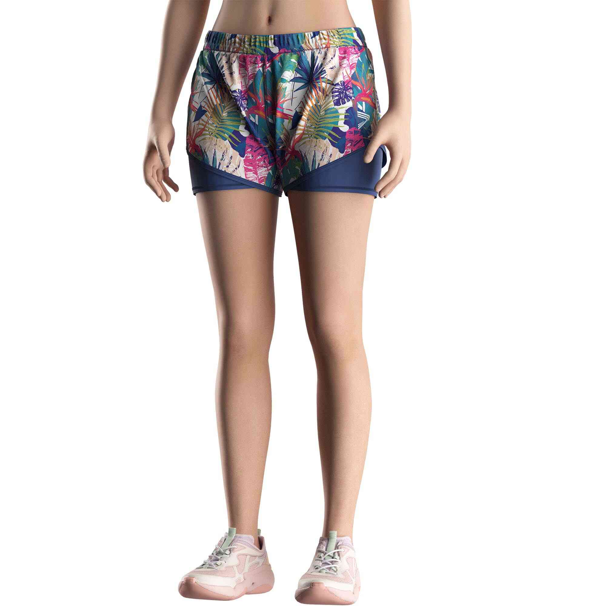 Model in Colorful tropical board double shorts custom women Rise swimwear front view