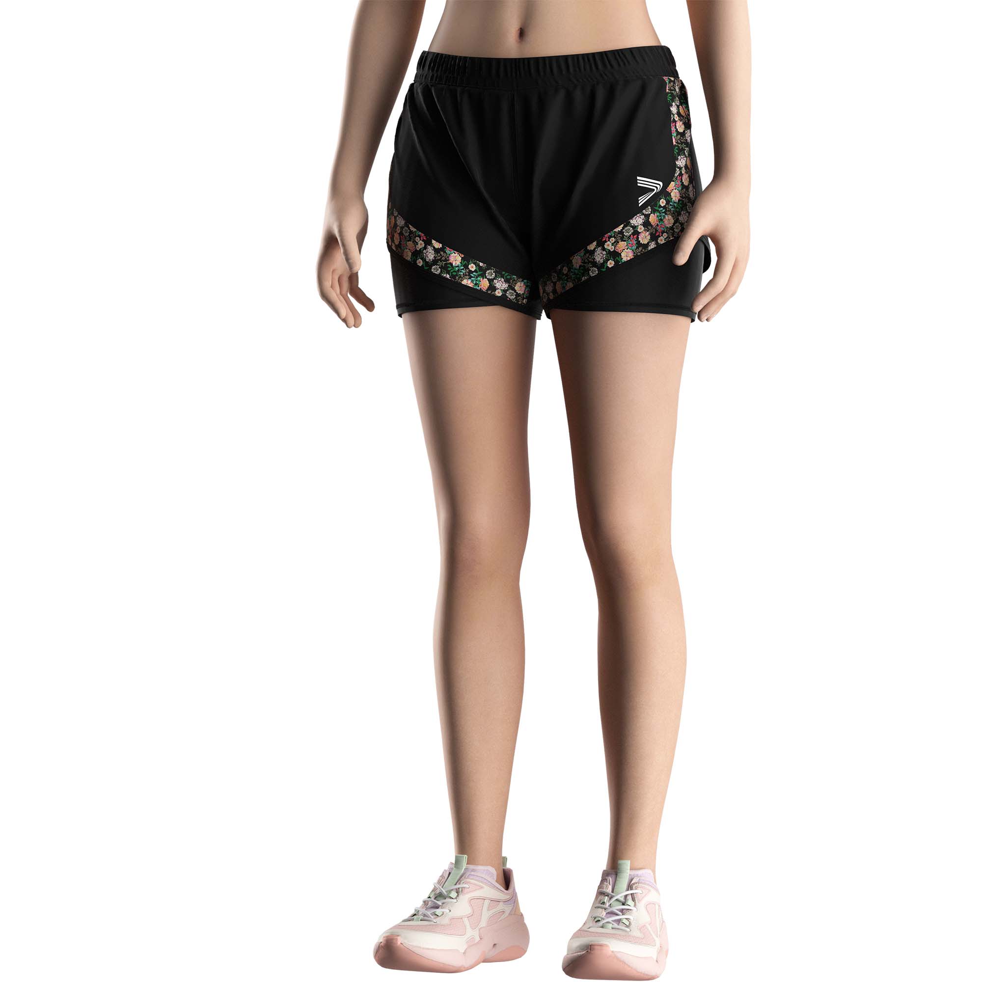 Model in Flower retro black double layer swim trunks distributor female Rise swimwear front view