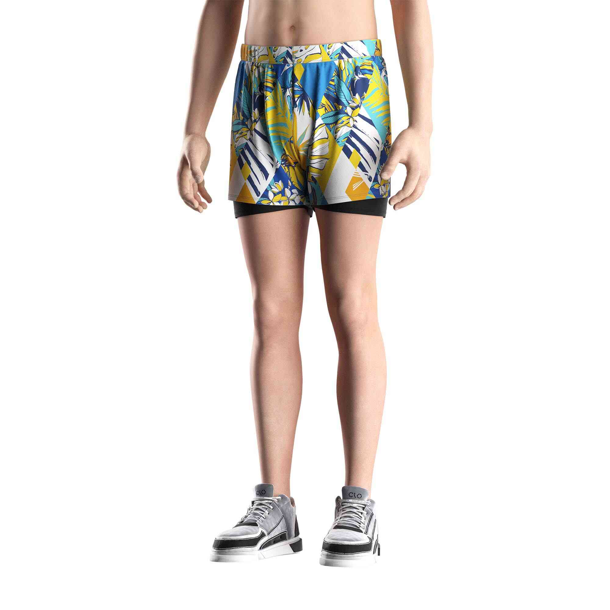 Model in Men 2 in 1 swim shorts wholesale Rise swimwear youthful lively front view