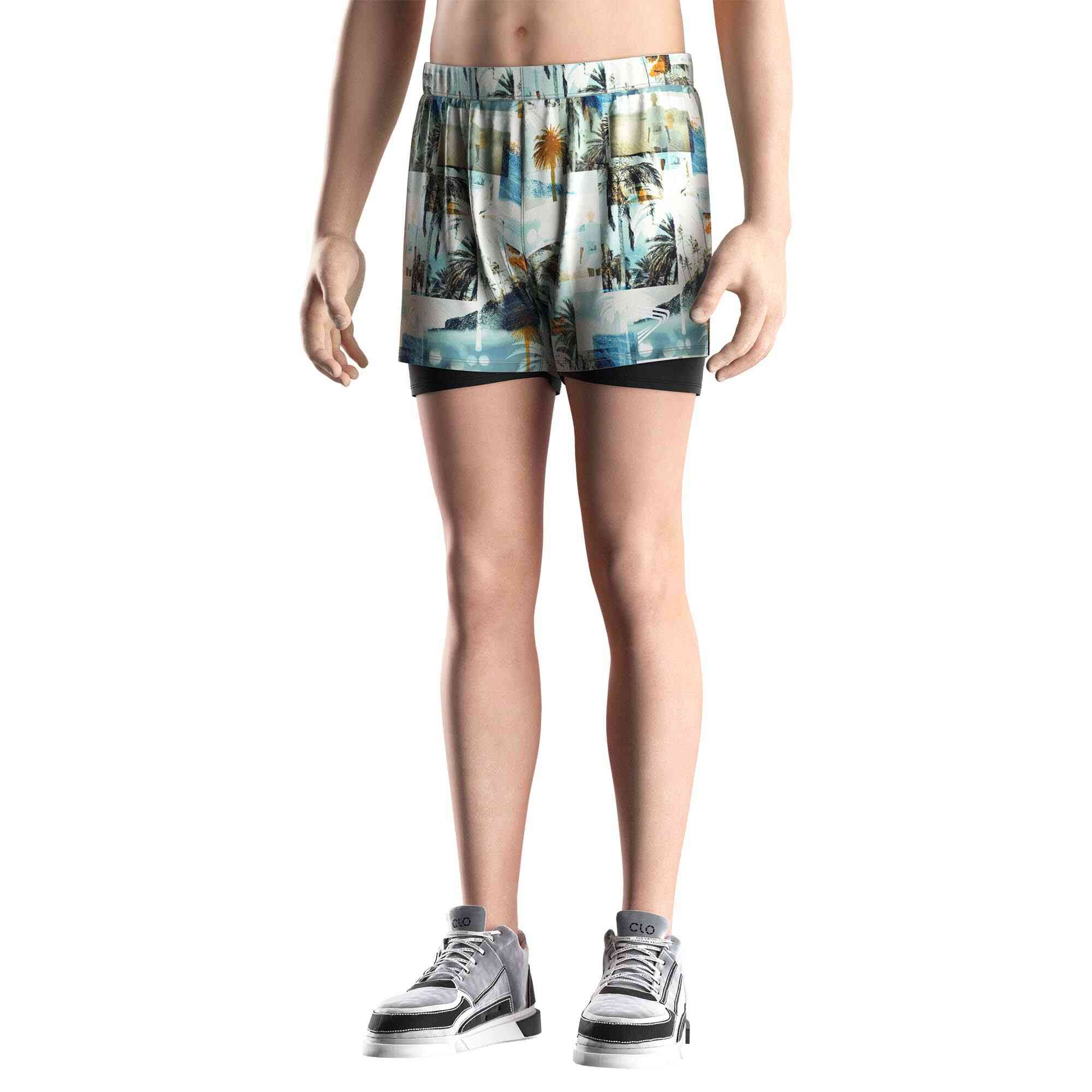 Model in Men double layer swim shorts custom Rise swimwear hawaiian shorts front view