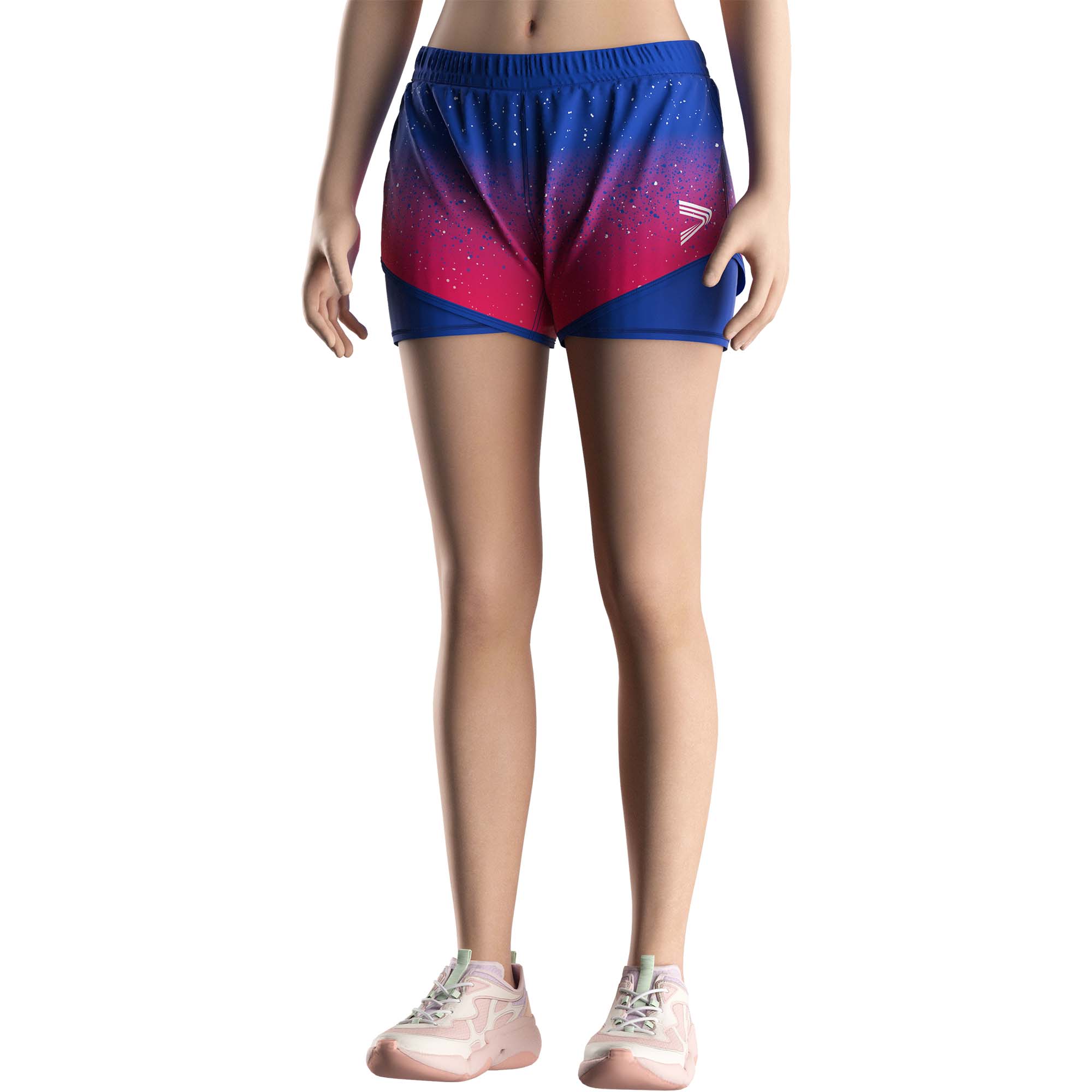 Model in Starry sky 2 in 1 swim shorts design female Rise swimwear front view