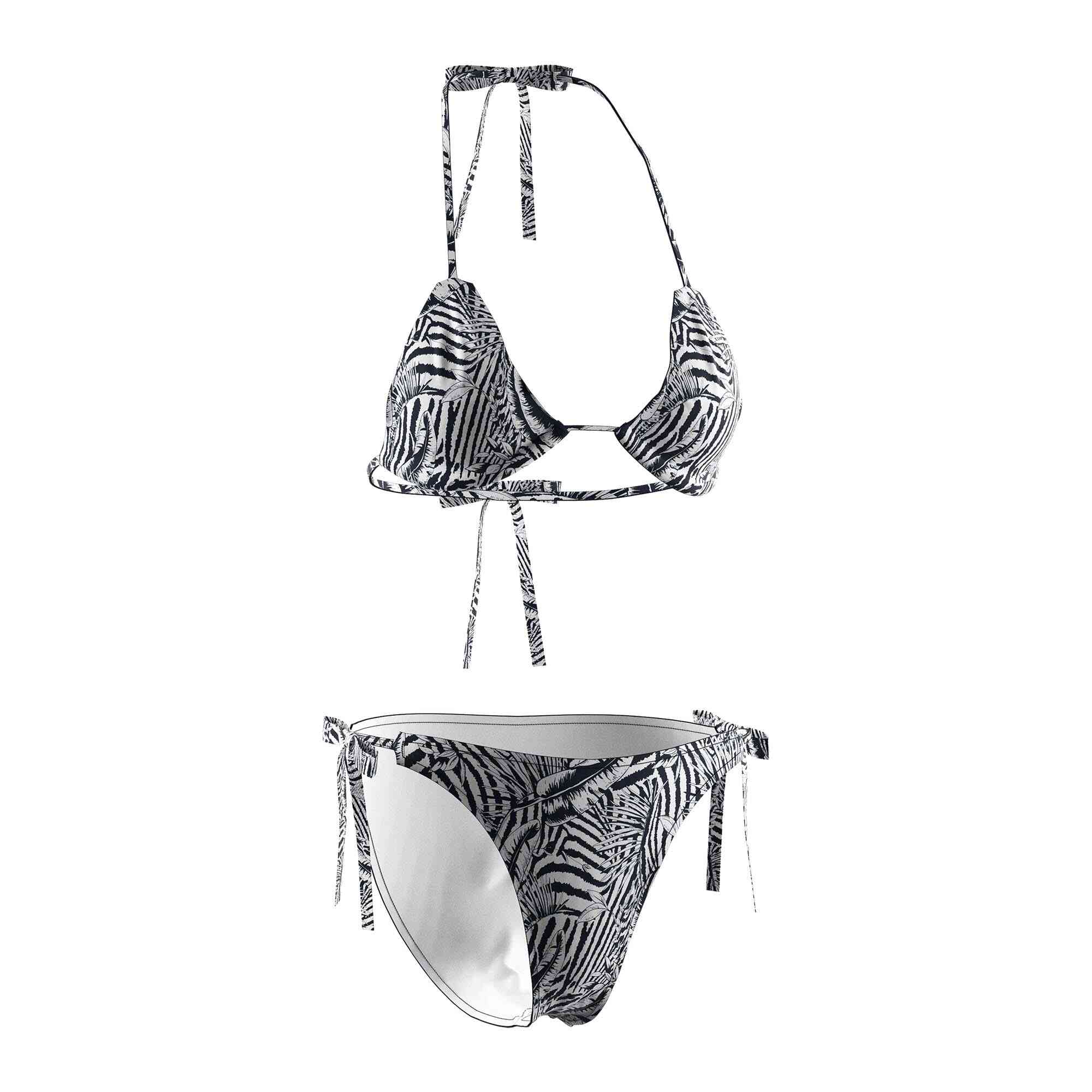 Wholesale black and white tropical drawstring bikini set front view