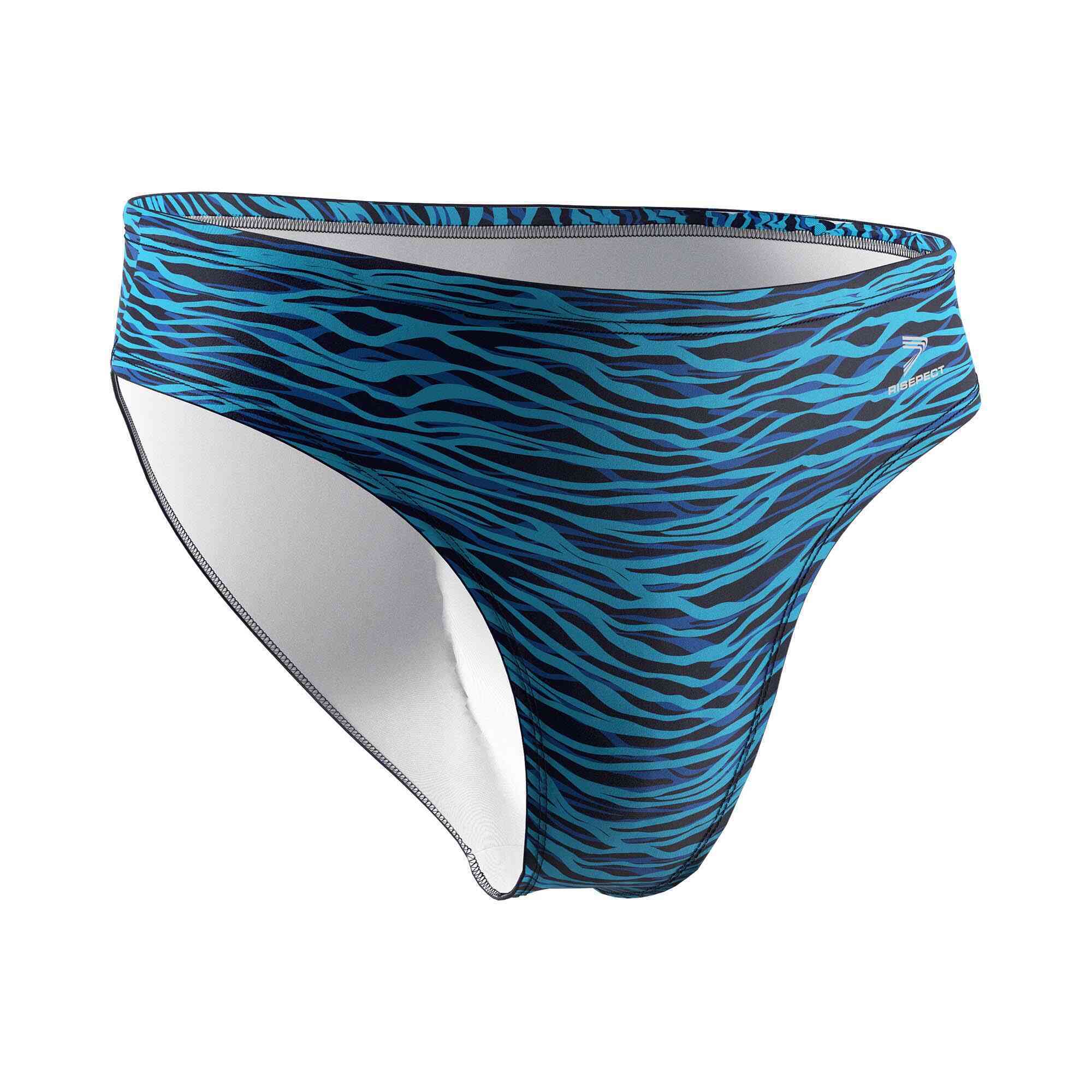 Blue horizontal stripes water polo swim trunks wholesale front view