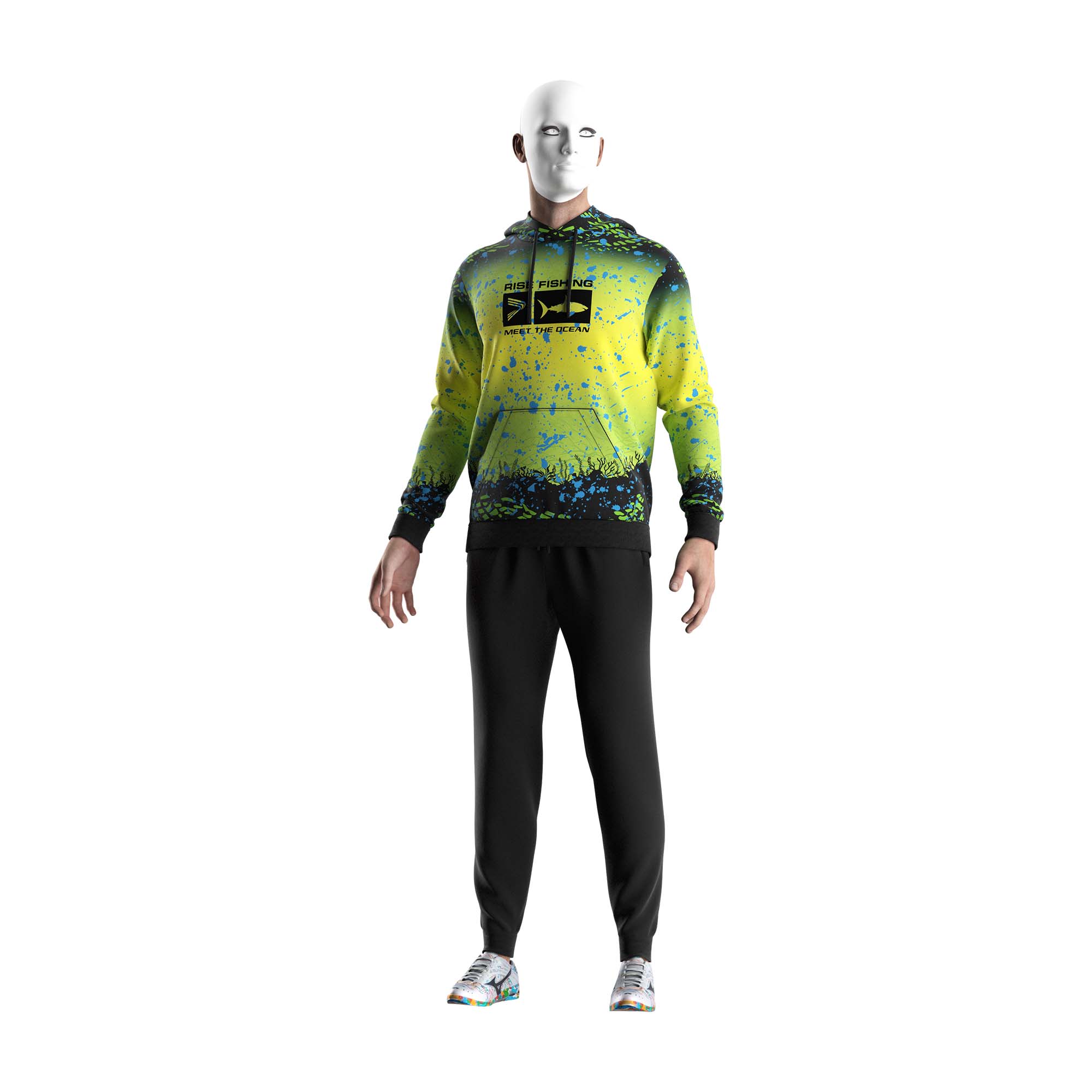 Male model in Wholesale pullover fishing hoodies green yellow gradient underwater world Rise fishing front view