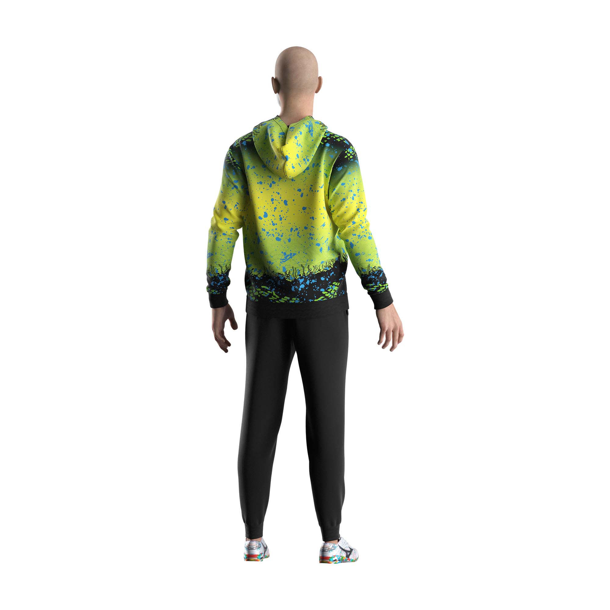 Male model in Wholesale pullover fishing hoodies green yellow gradient underwater world Rise fishing back view