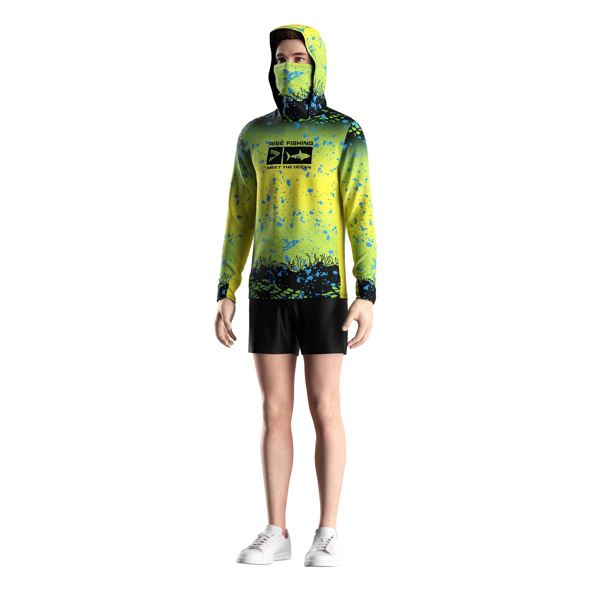 Male model in Wholesale mask hooded fishing shirts green yellow gradient underwater world Rise fishing front view