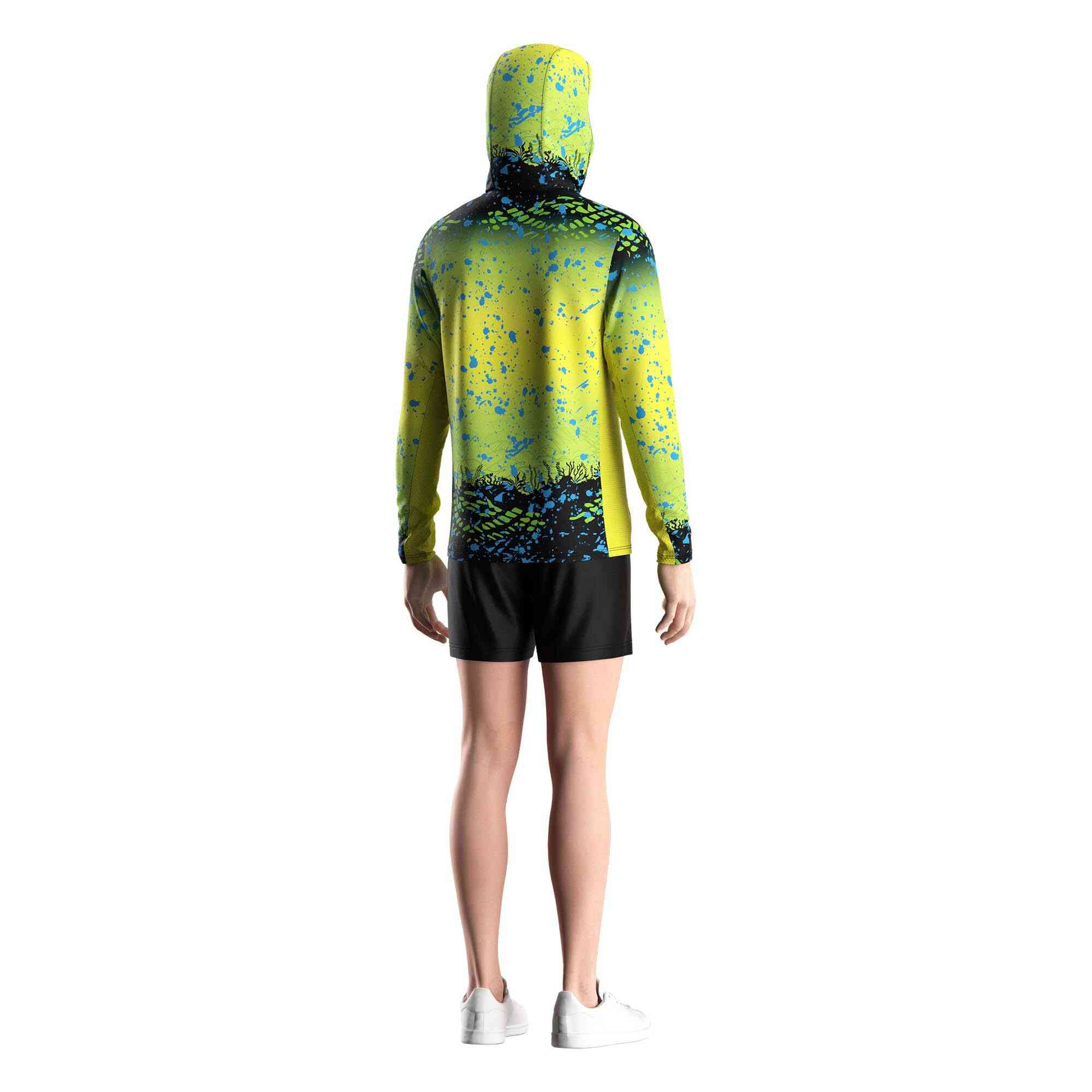 Male model in Wholesale mask hooded fishing shirts green yellow gradient underwater world Rise fishing back view