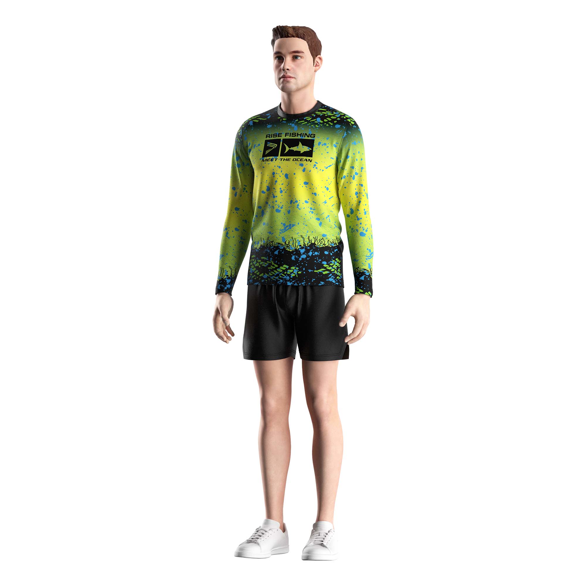 Male model in Wholesale long sleeve fishing shirts green yellow gradient underwater world Rise fishing front view