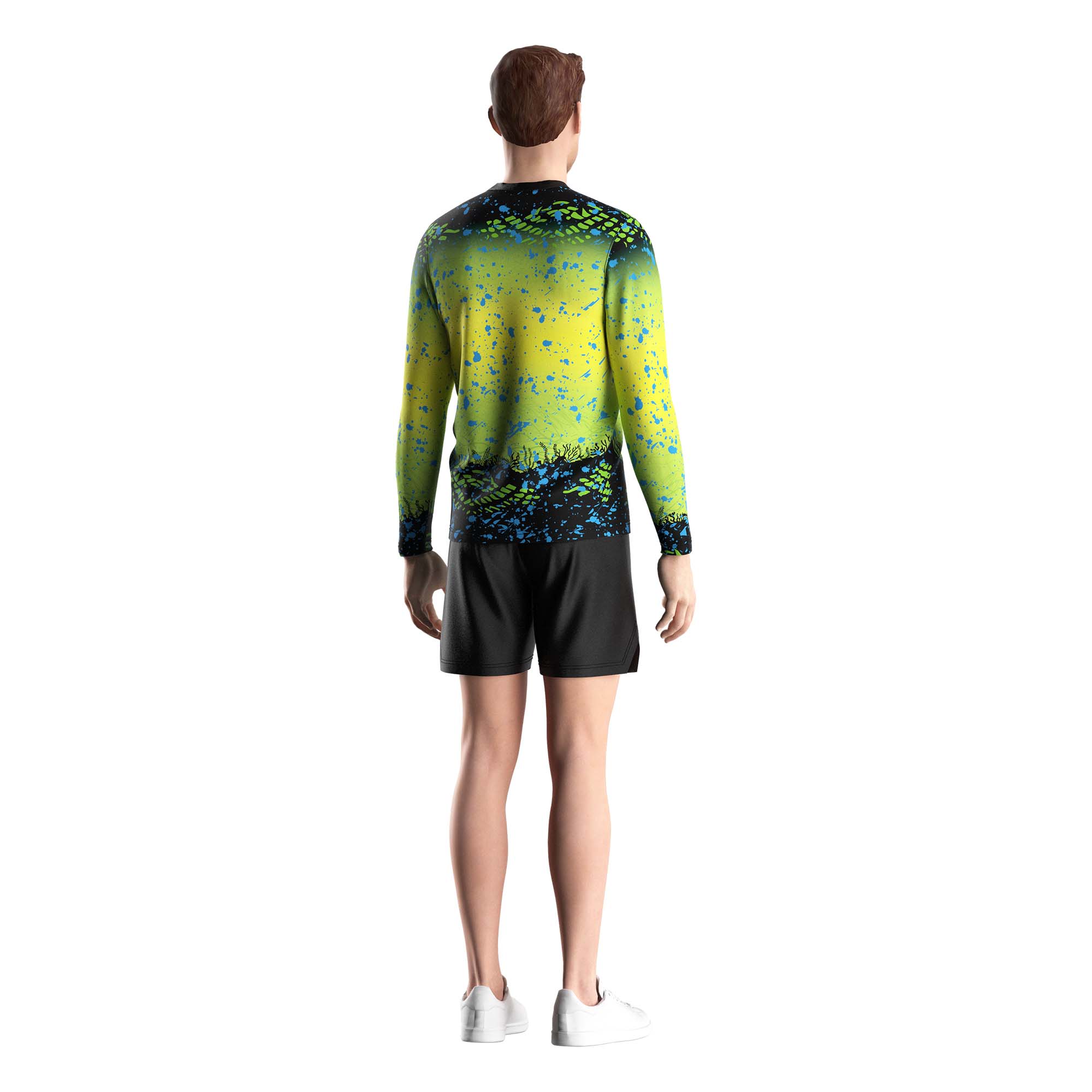 Male model in Wholesale long sleeve fishing shirts green yellow gradient underwater world Rise fishing back view