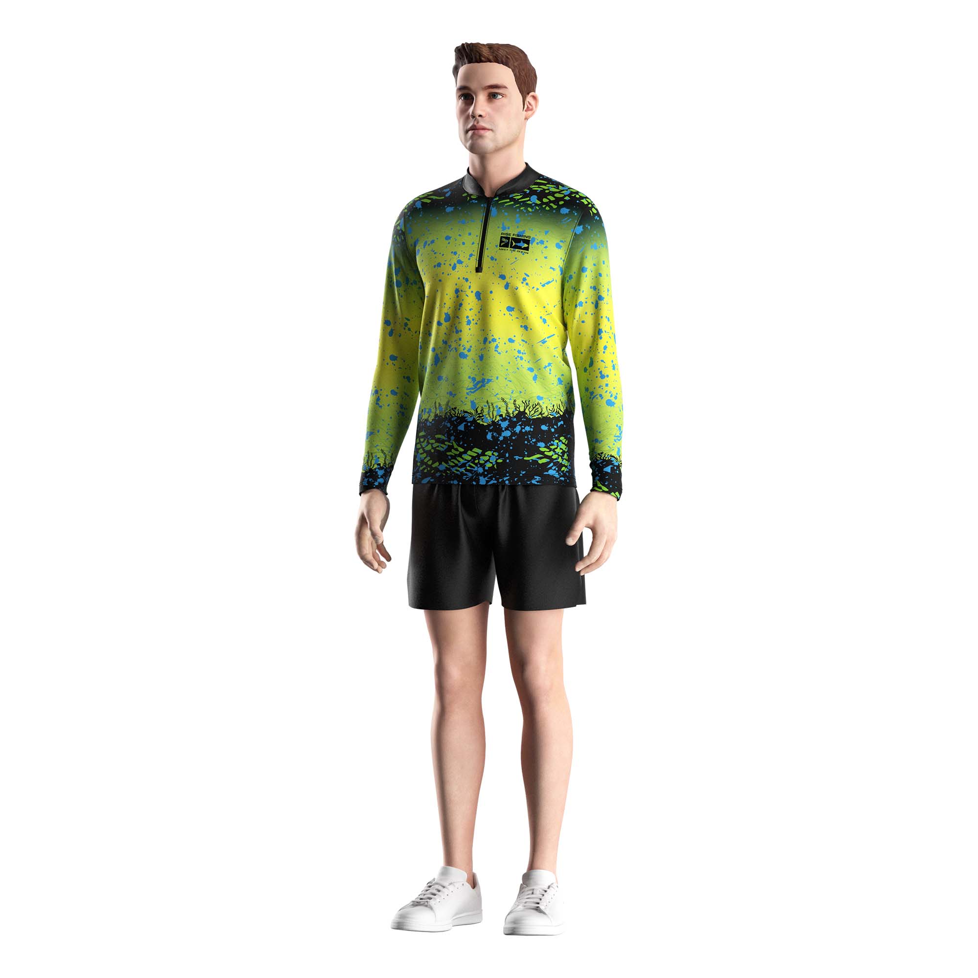 Male model in Wholesale quarter zip fishing shirts green yellow gradient underwater world Rise fishing front view