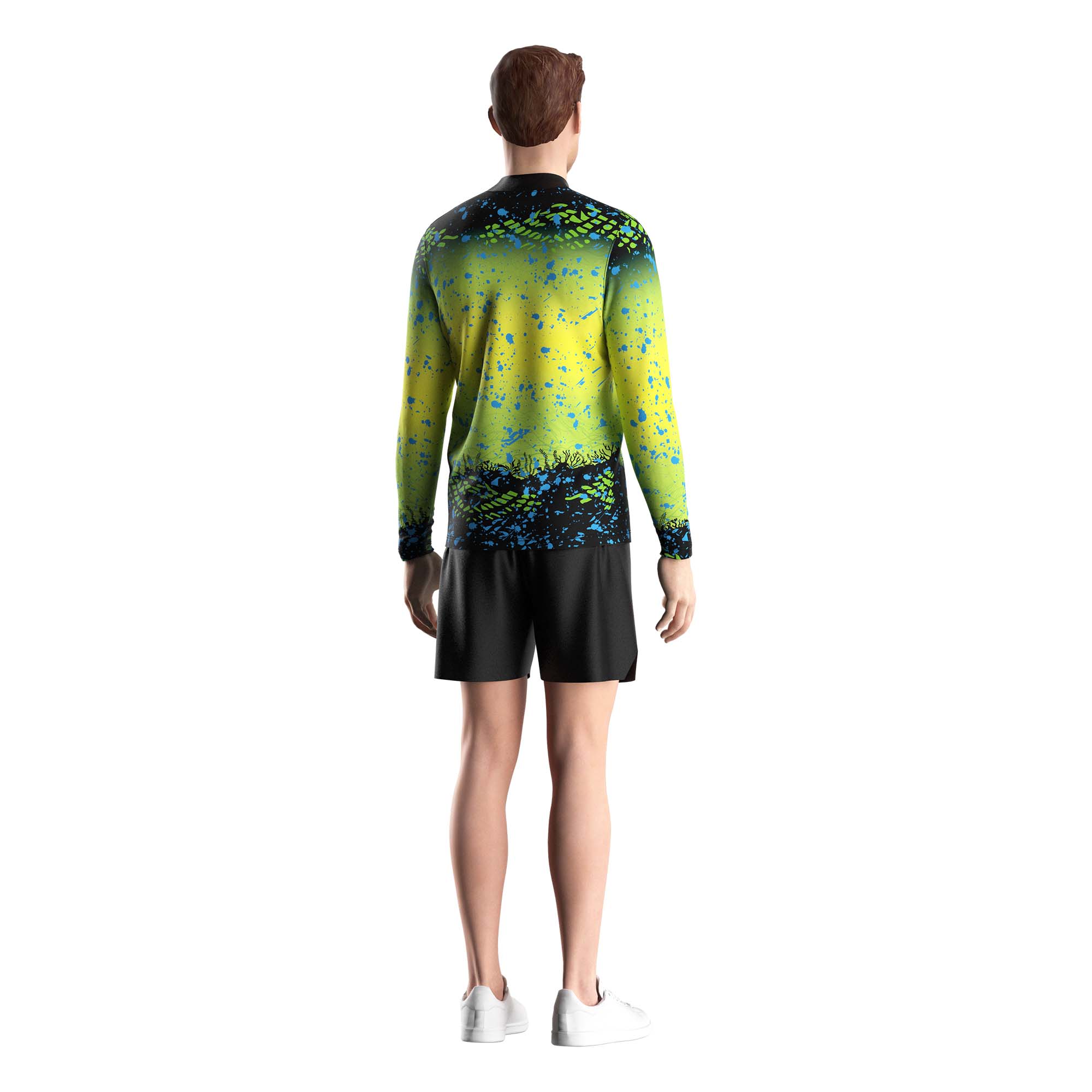 Male model in Wholesale quarter zip fishing shirts green yellow gradient underwater world Rise fishing back view