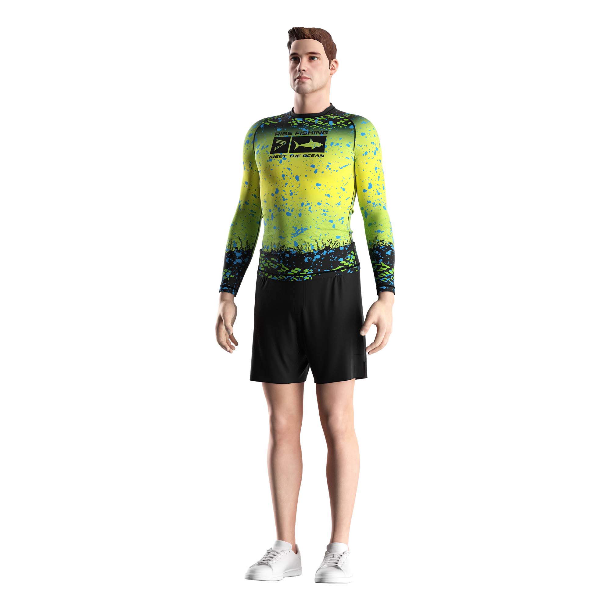 Male model in Wholesale fishing rash guards green yellow gradient underwater world Rise fishing front view