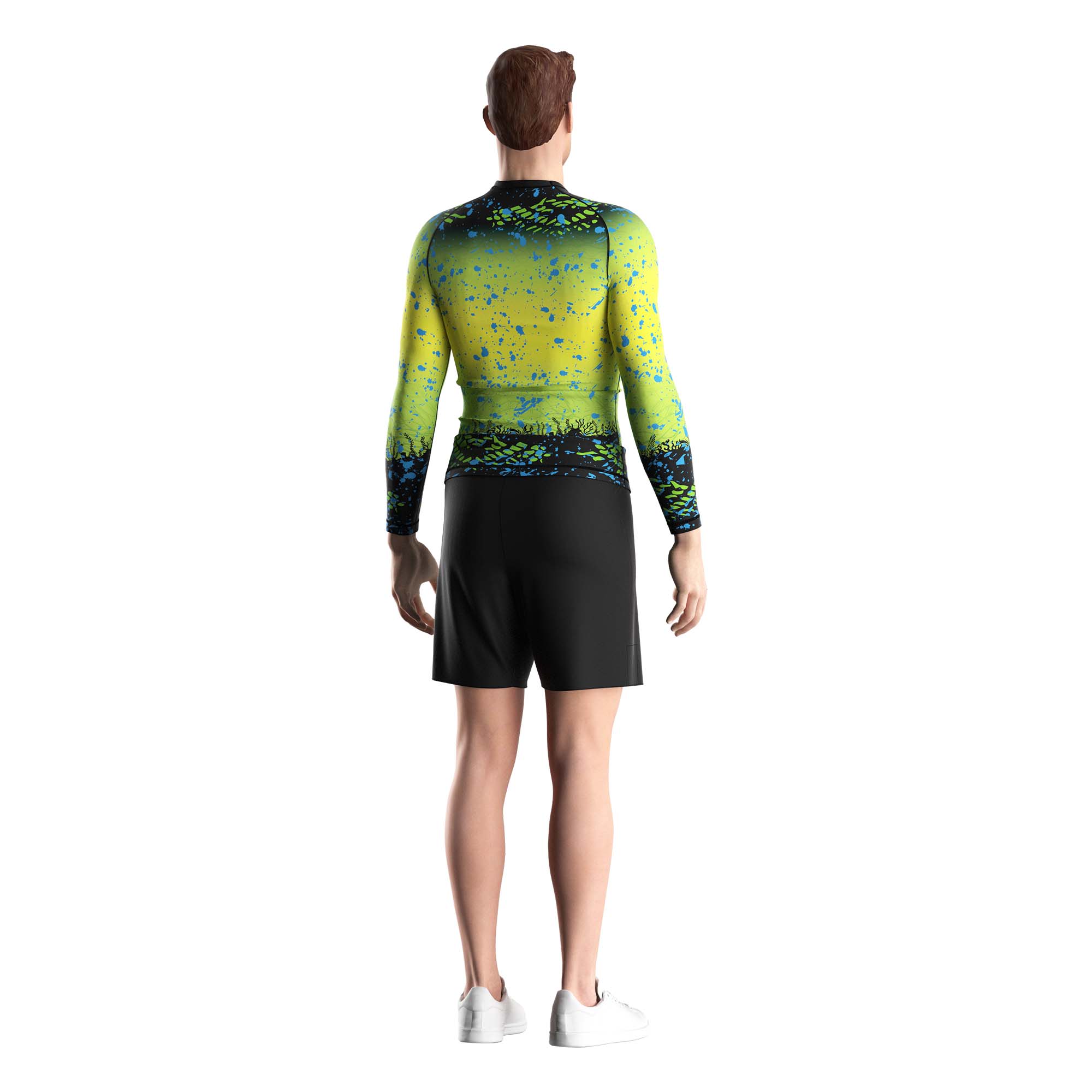 Male model in Wholesale fishing rash guards green yellow gradient underwater world Rise fishing back view