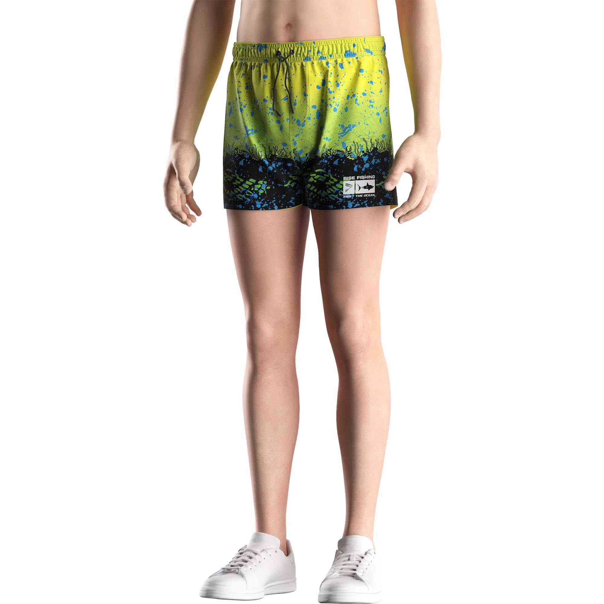 Male model in Wholesale 3 inch fishing shorts green yellow gradient underwater world Rise fishing front view