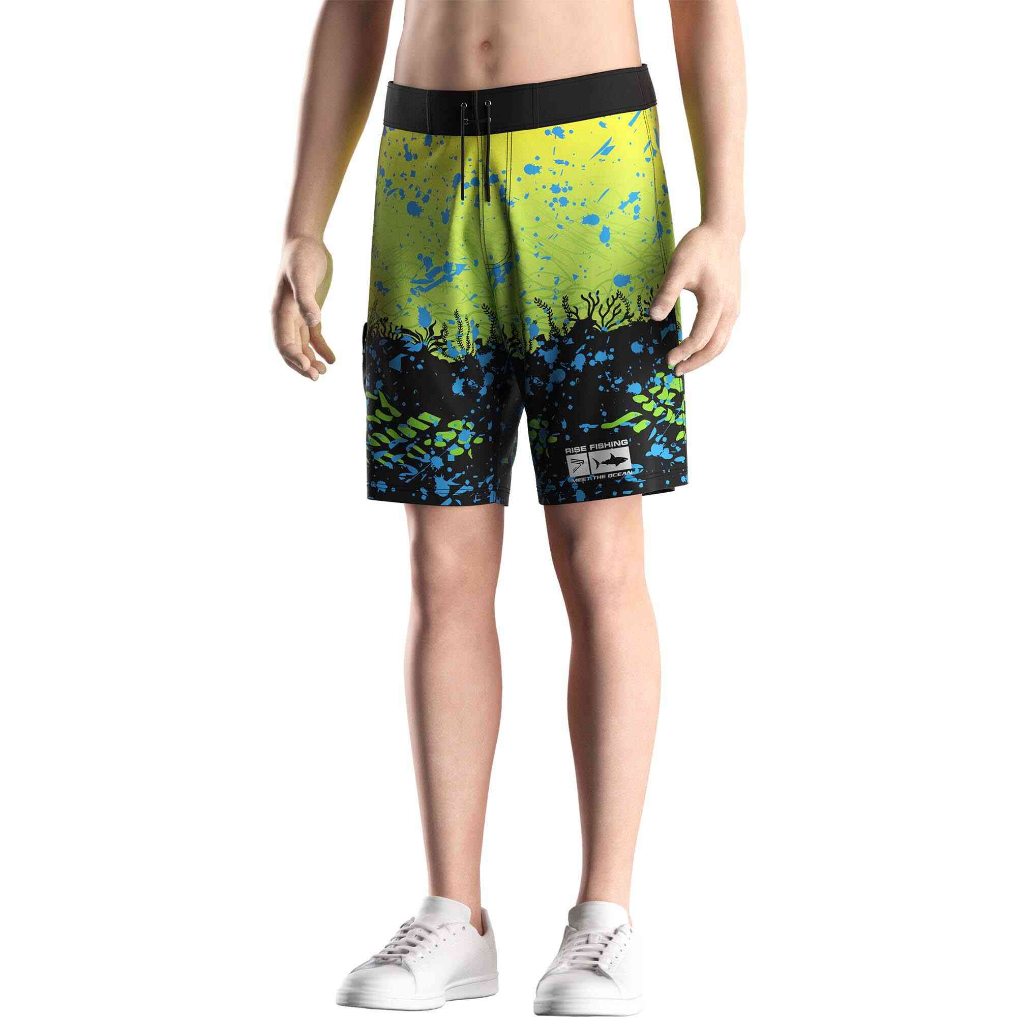 Male model in Wholesale 6 inch fishing shorts green yellow gradient underwater world Rise fishing front view