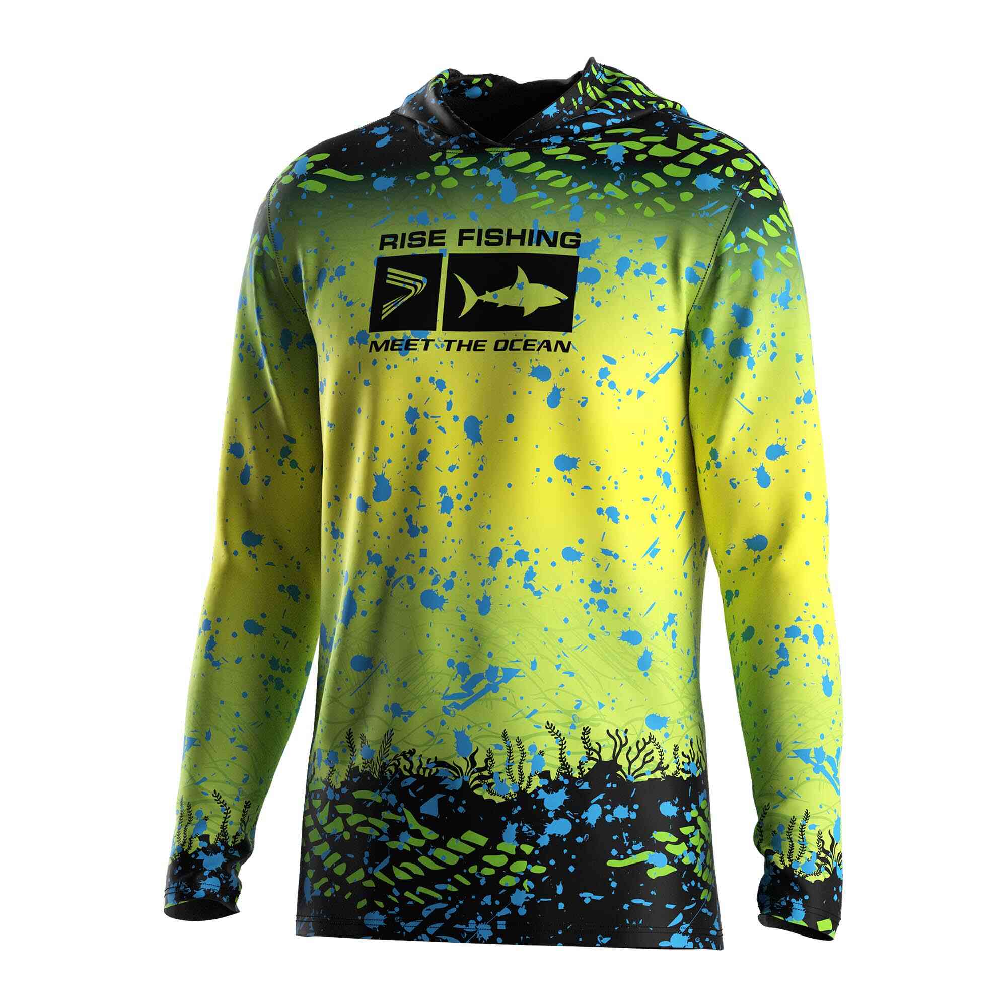 Wholesale hooded fishing shirt green yellow gradient underwater world Rise fishing