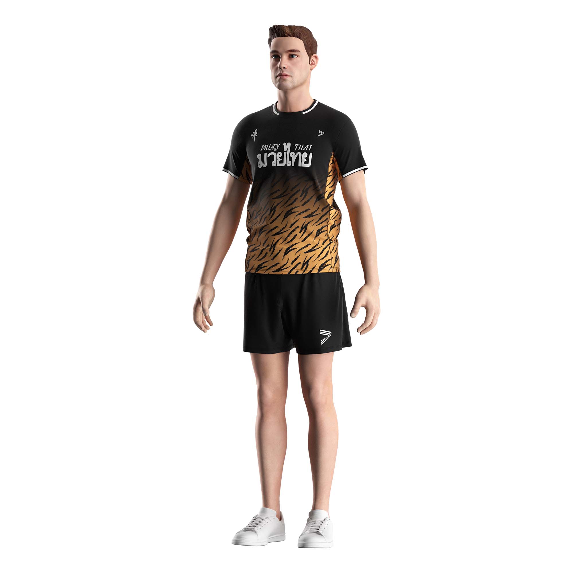 Male model in Muay Thai fight shirts wholesale performance tee Rise fightwear front view