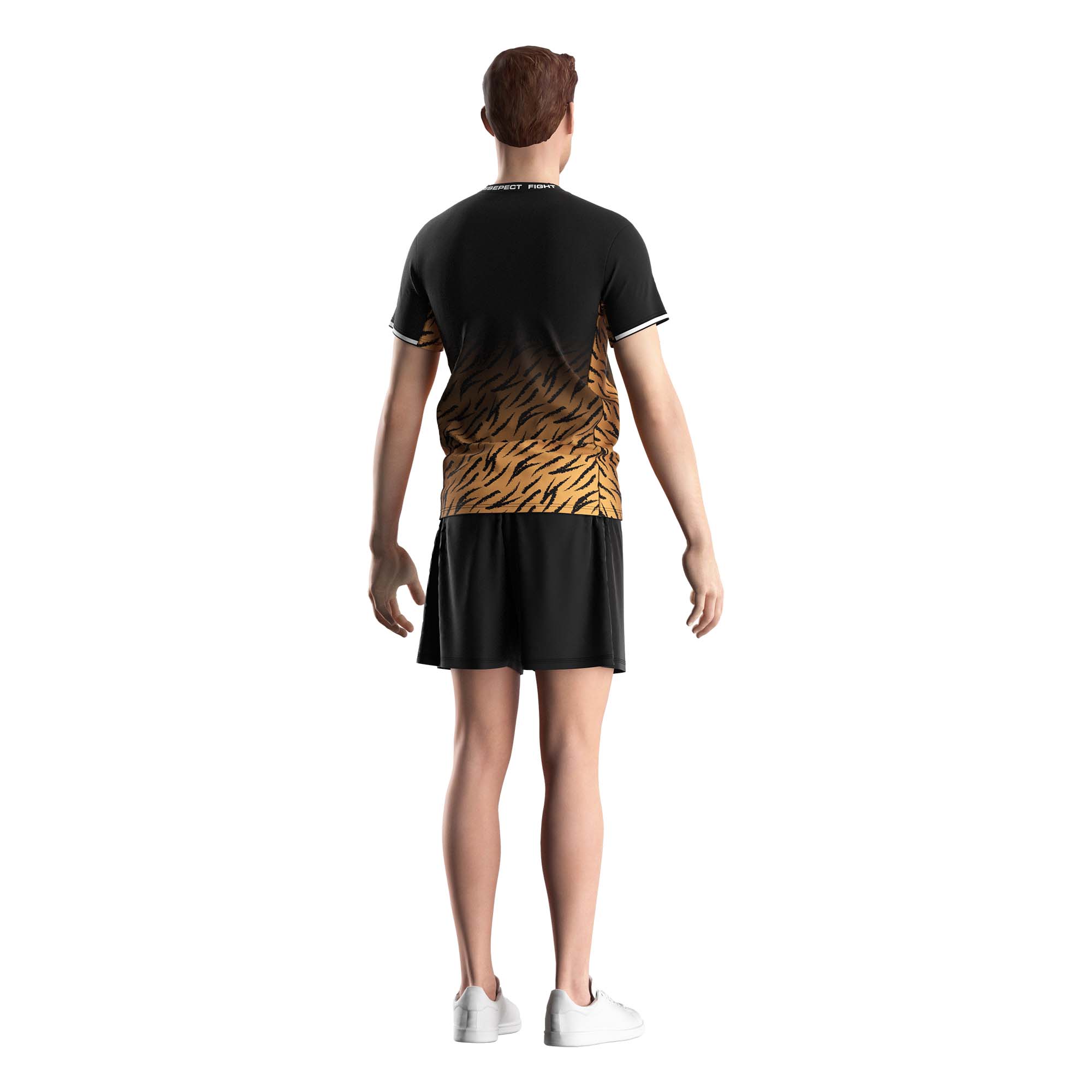 Male model in Muay Thai fight shirts wholesale performance tee Rise fightwear back view