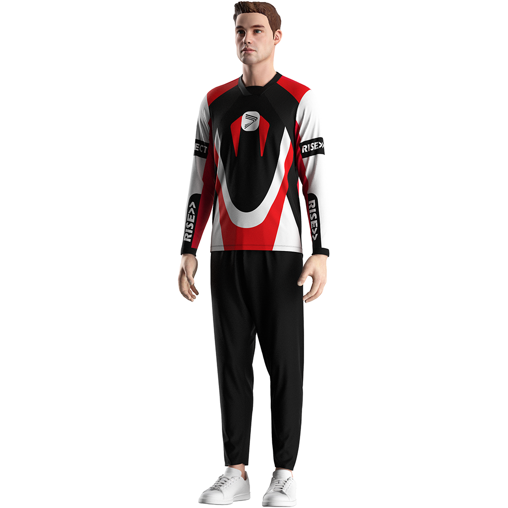 Male model in Wholesale RISE Racing motorcycle jersey front view