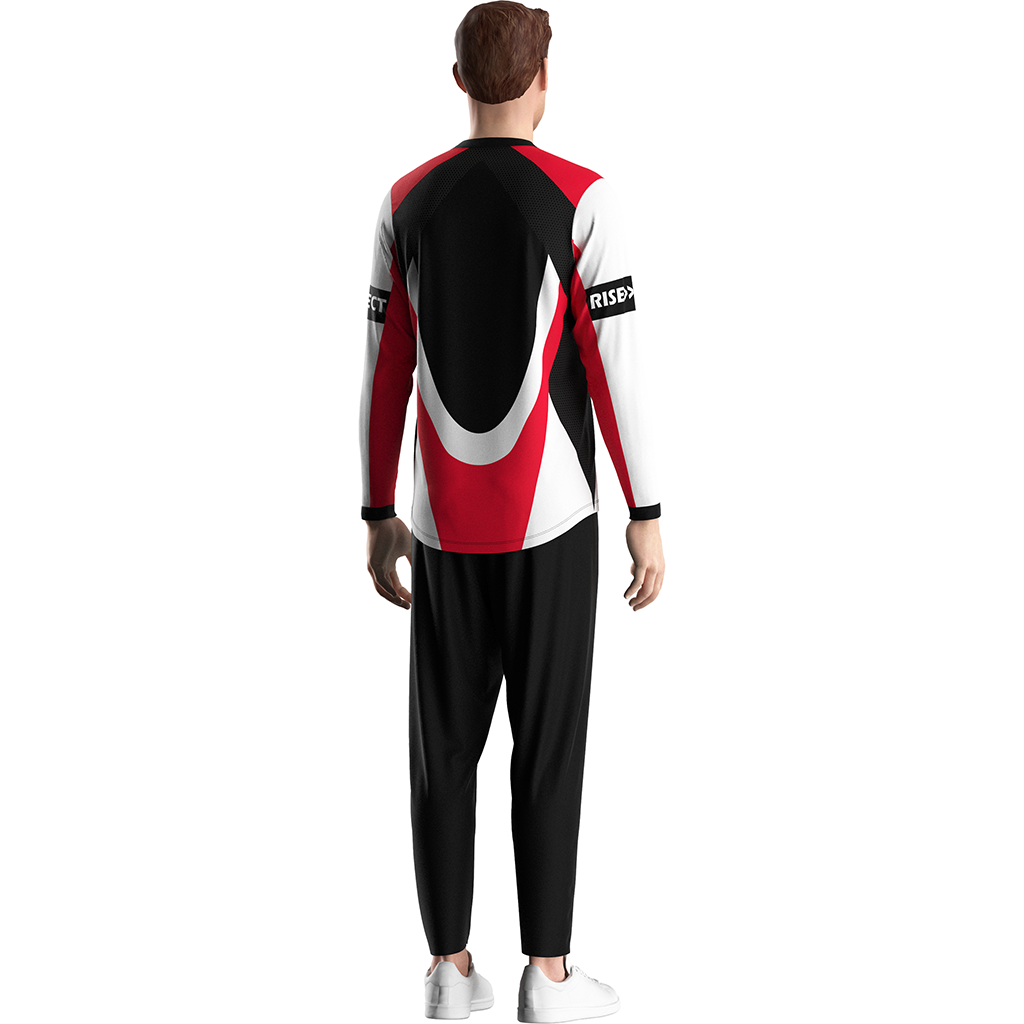 Male model in Wholesale RISE Racing motorcycle jersey back view