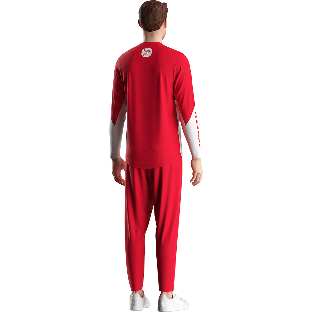 Male model in Wholesale red RISE Racing motorcycle jersey back view