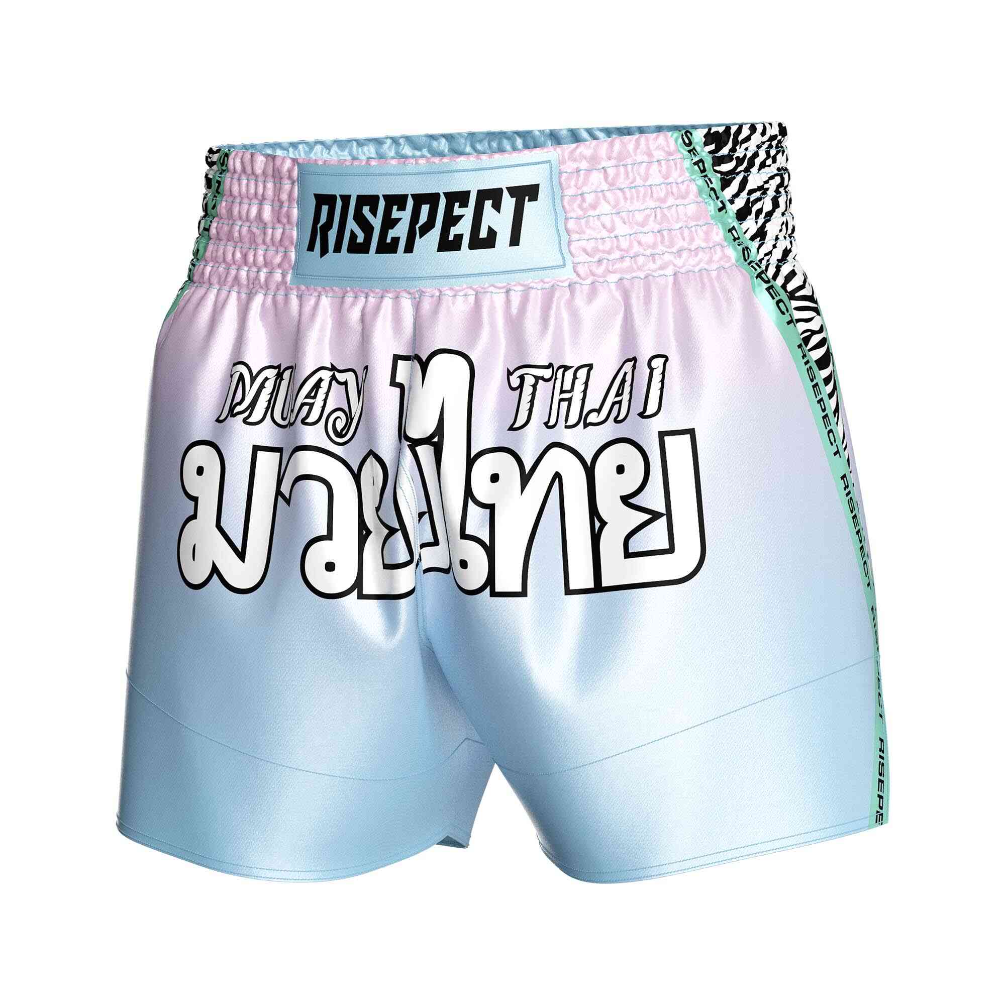 
                Blue-purple bright sublimated popular Muay Thai shorts Rise Muay Thai shorts