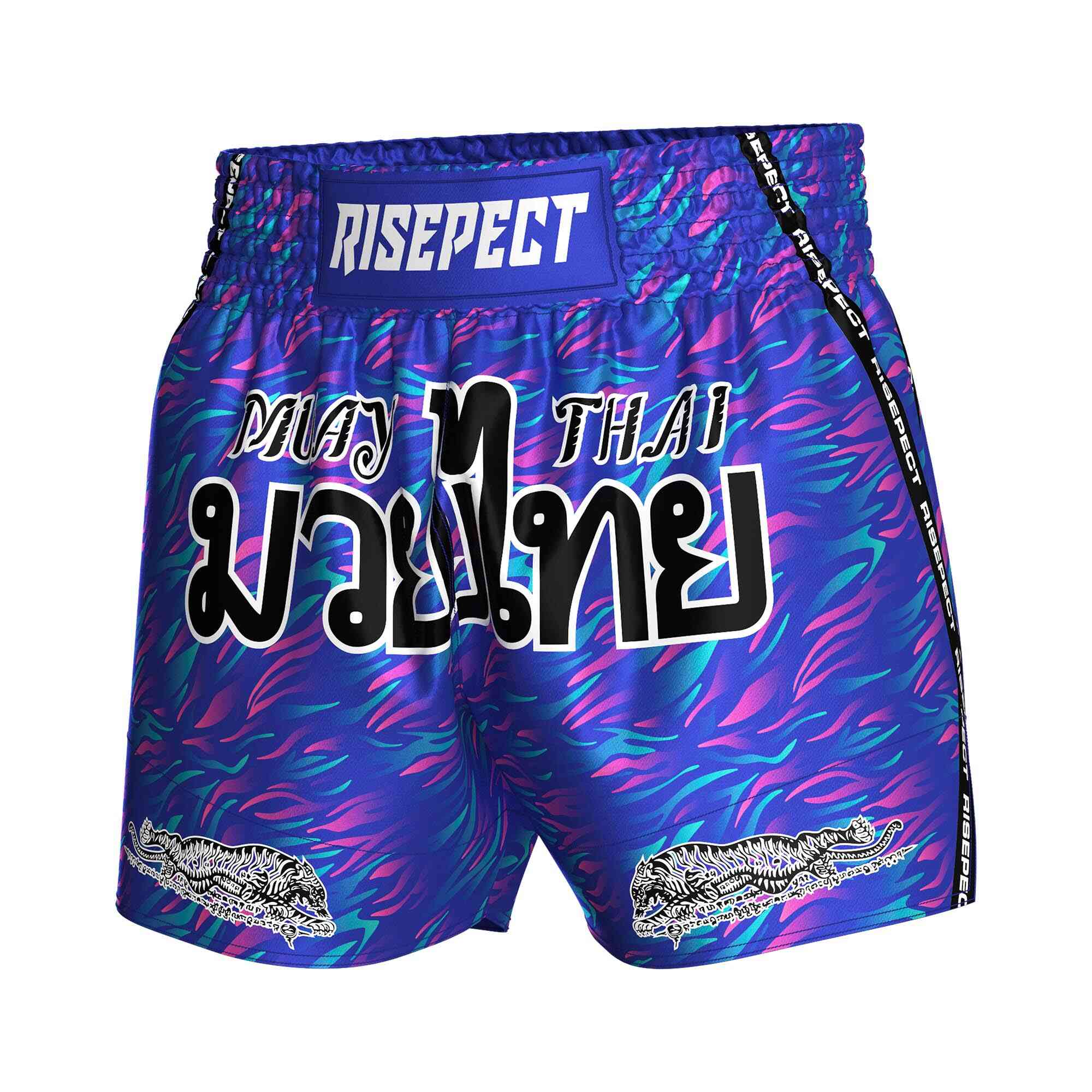 
                Dancing colorful flames popular Muay Thai shorts custom Rise fight gear