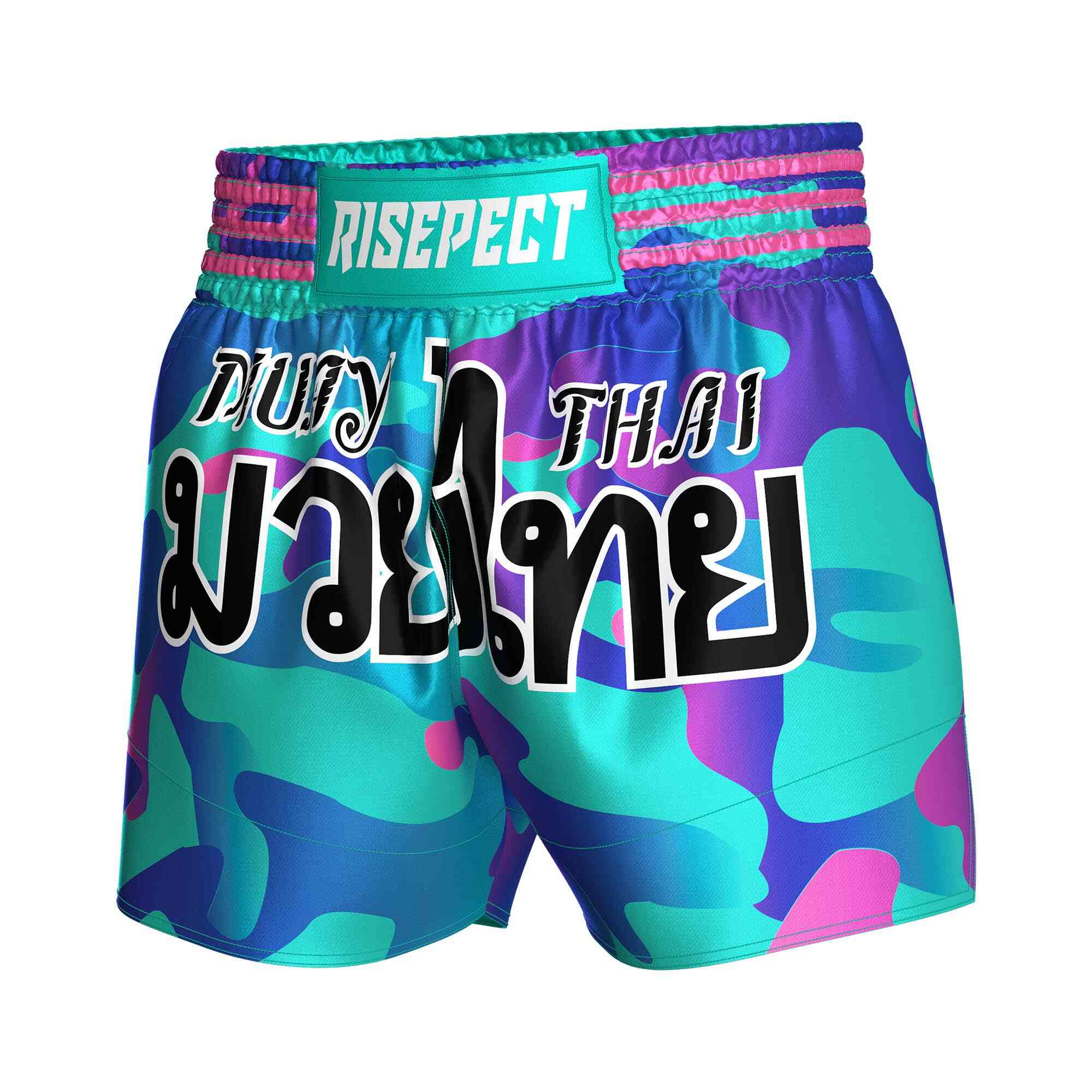 
                Exceptional bright camou colors popular Muay Thai shorts custom Rise fight gear