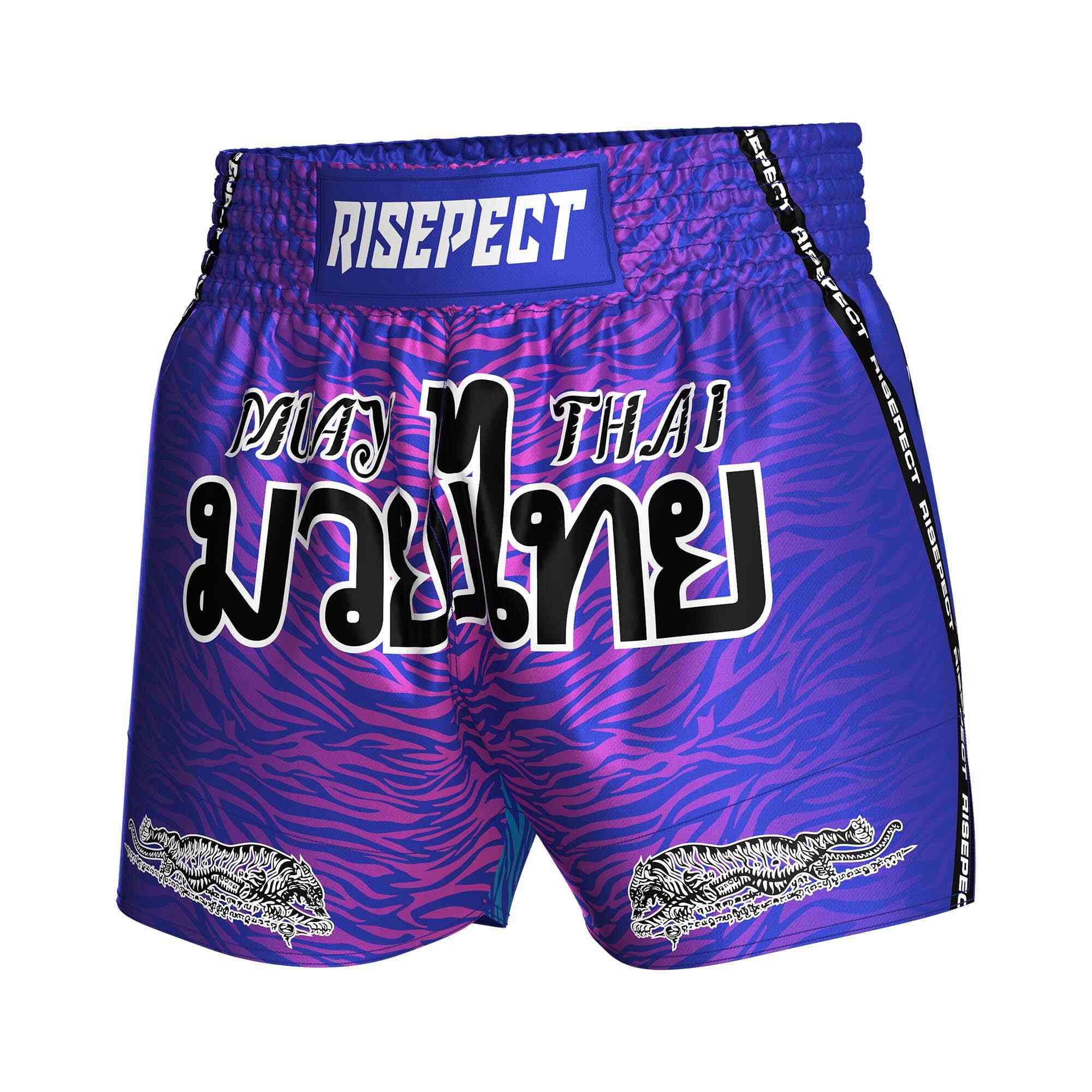 
                Nice tiger texture purple blue popular Muay Thai shorts custom Rise fight gear