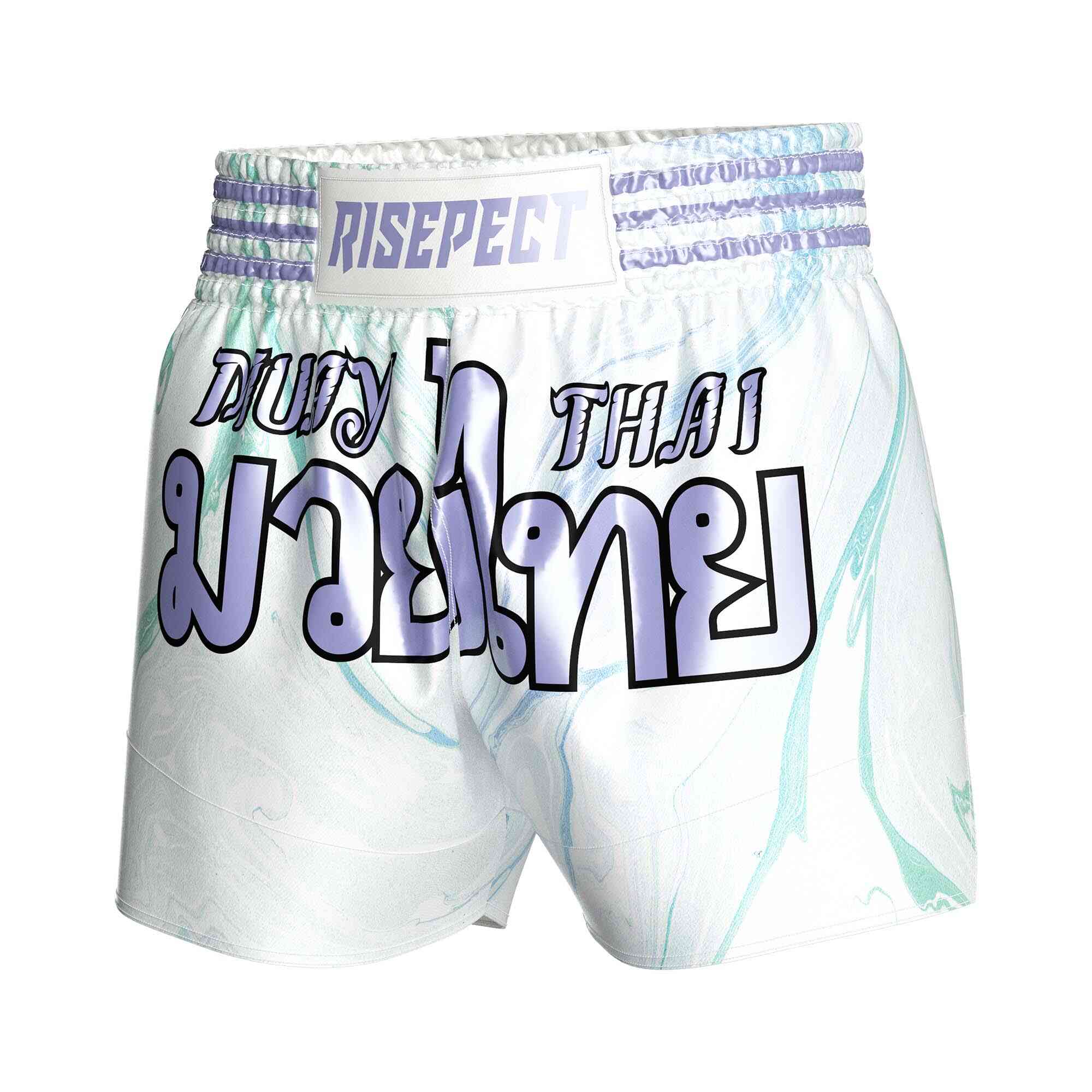 
                Purple bright text logo sublimated popular Muay Thai shorts Rise fight gear