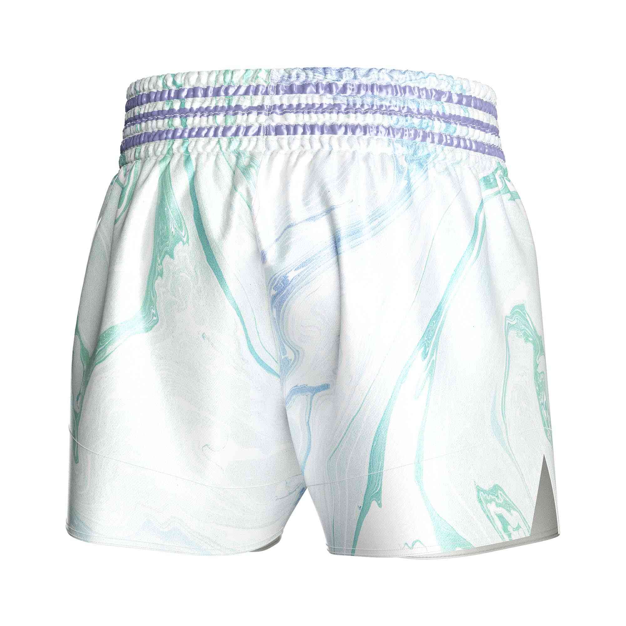
                Purple bright text logo sublimated popular Muay Thai shorts Rise fight gear