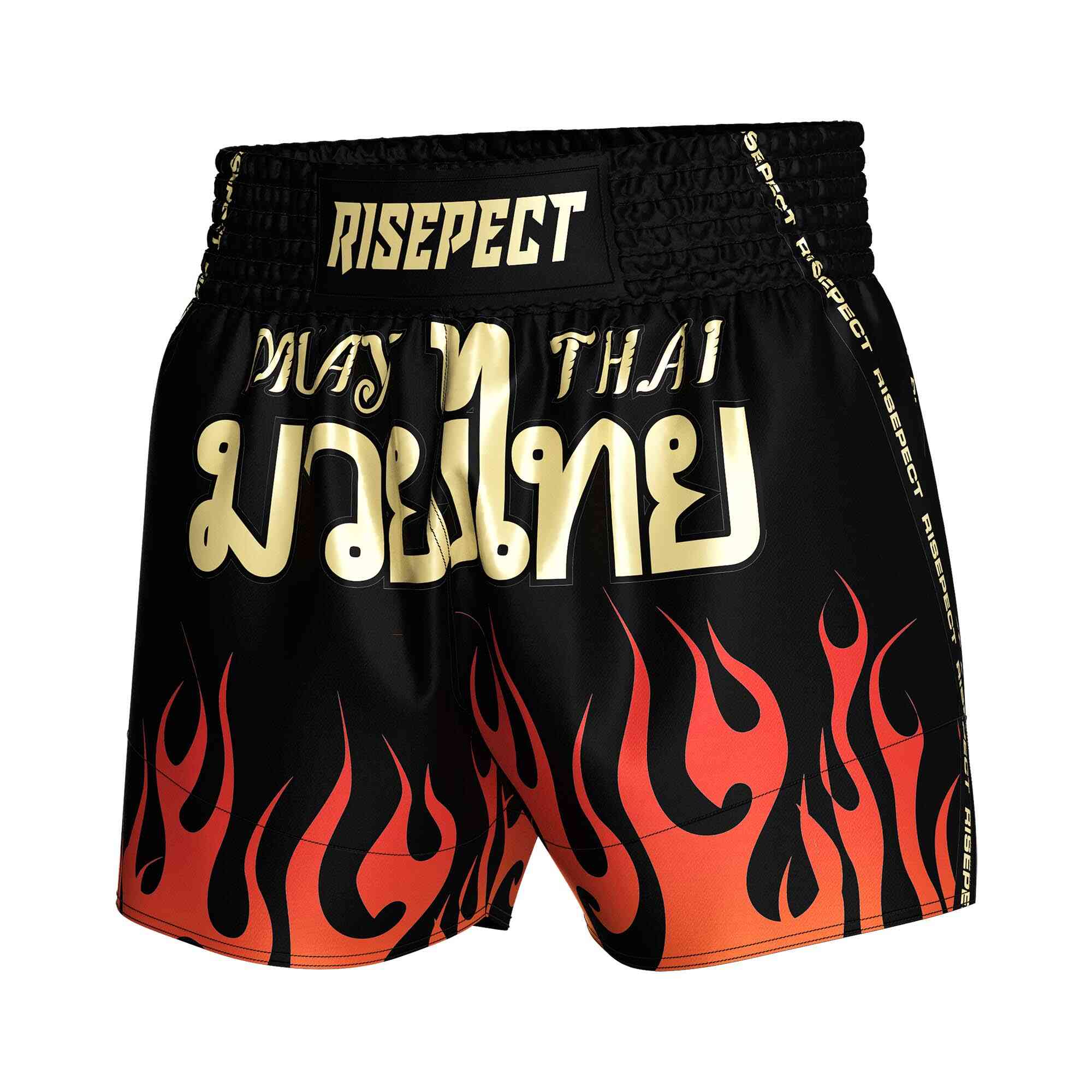 
                Red flame sublimated popular Muay Thai shorts Rise Muay Thai shorts