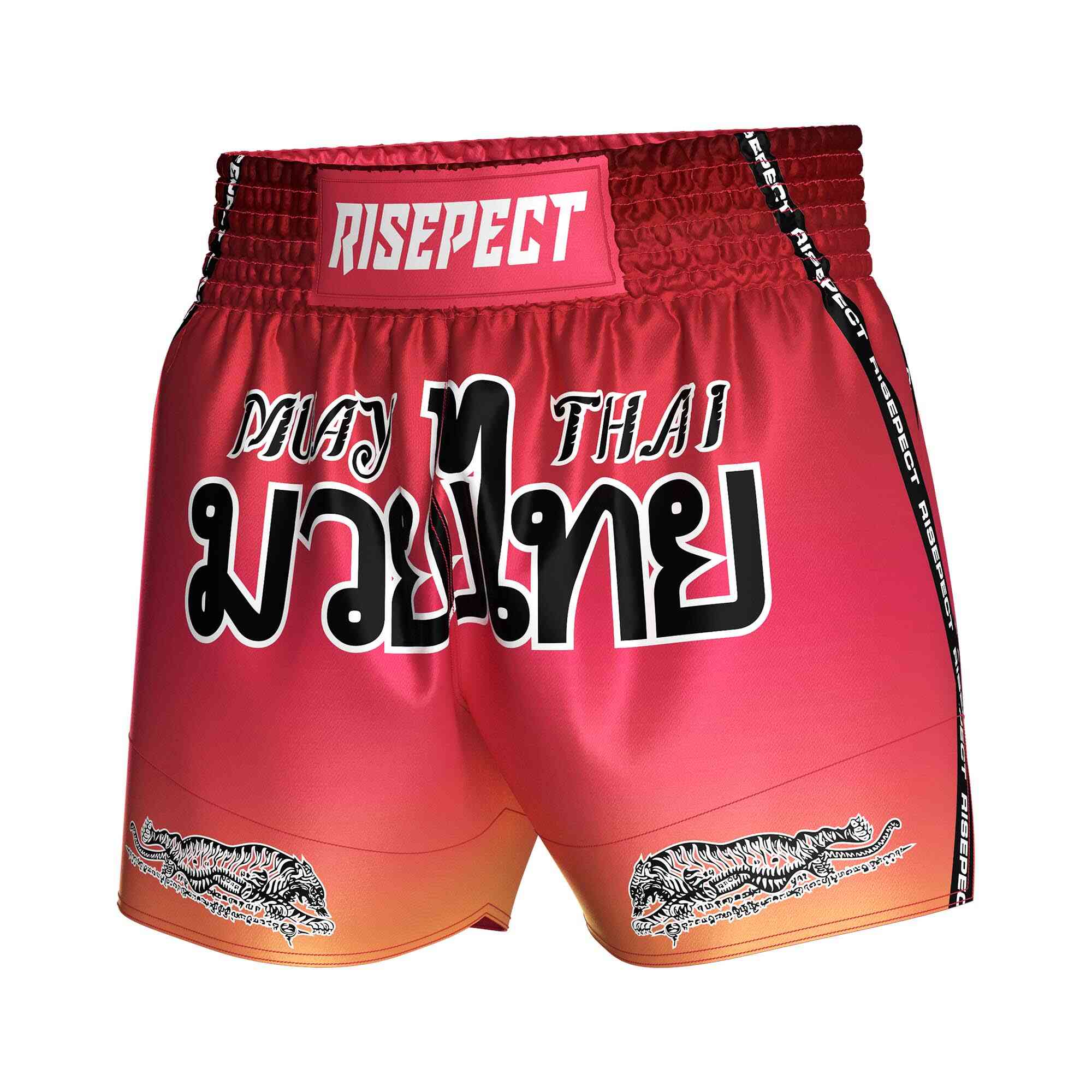 
                Red gradient sublimated popular Muay Thai shorts Rise Muay Thai shorts