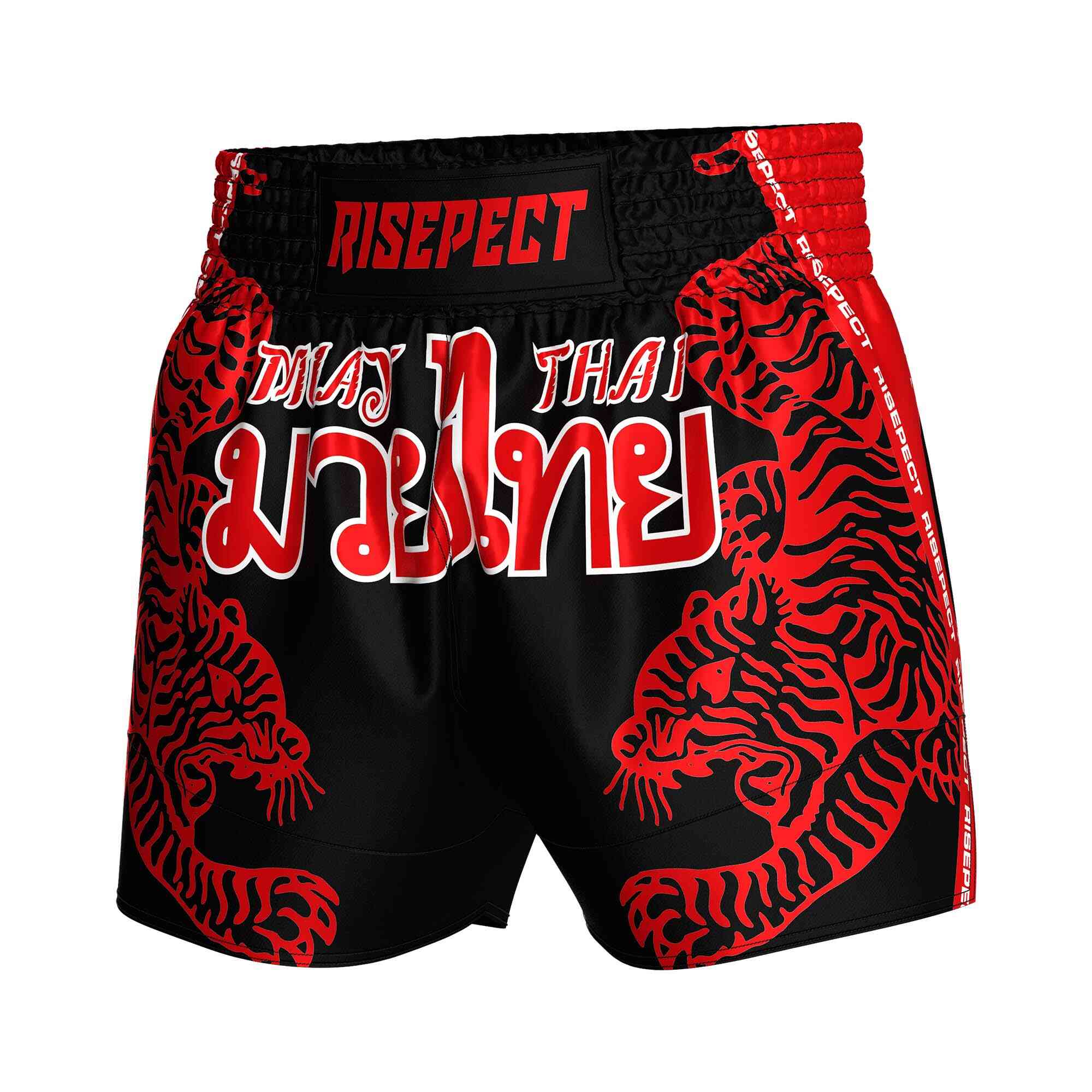 
                Red tiger sublimated popular Muay Thai shorts Rise Muay Thai shorts