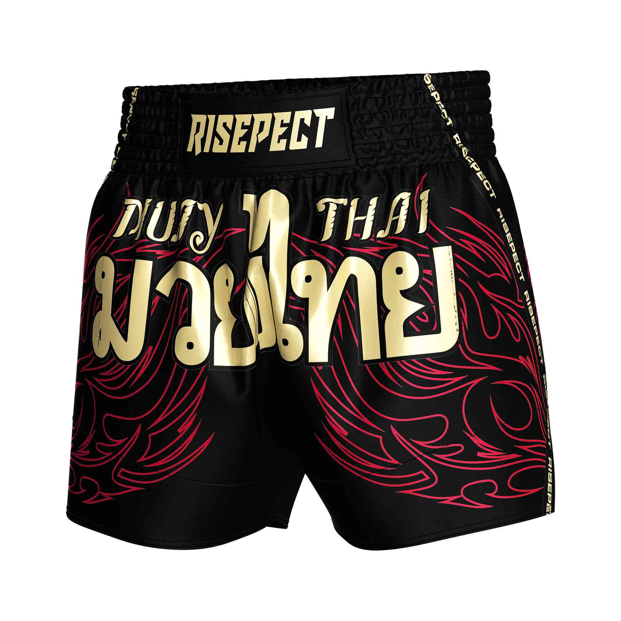 
                Stylish flame black sublimated popular Muay Thai shorts Rise Muay Thai shorts