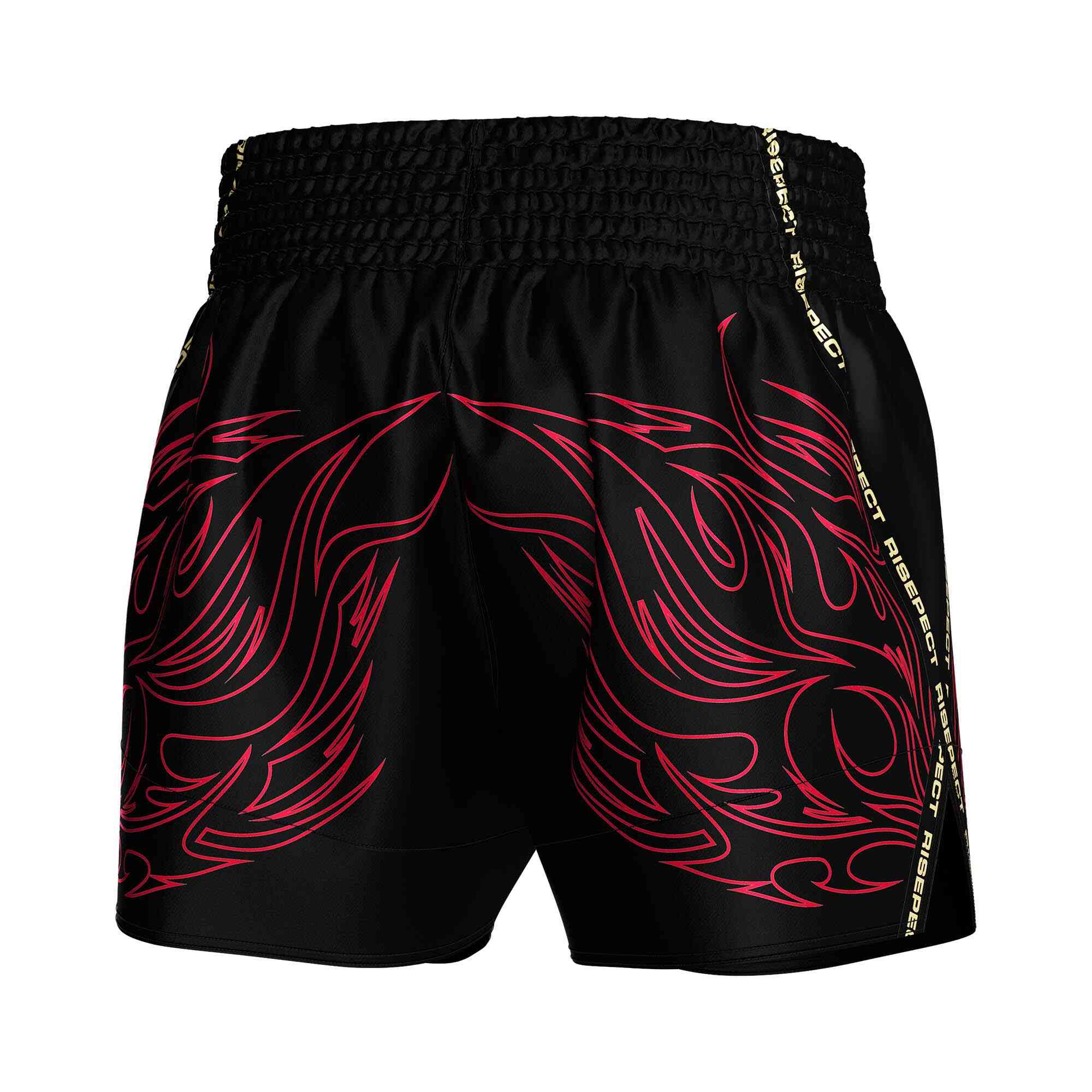 
                Stylish flame black sublimated popular Muay Thai shorts Rise Muay Thai shorts