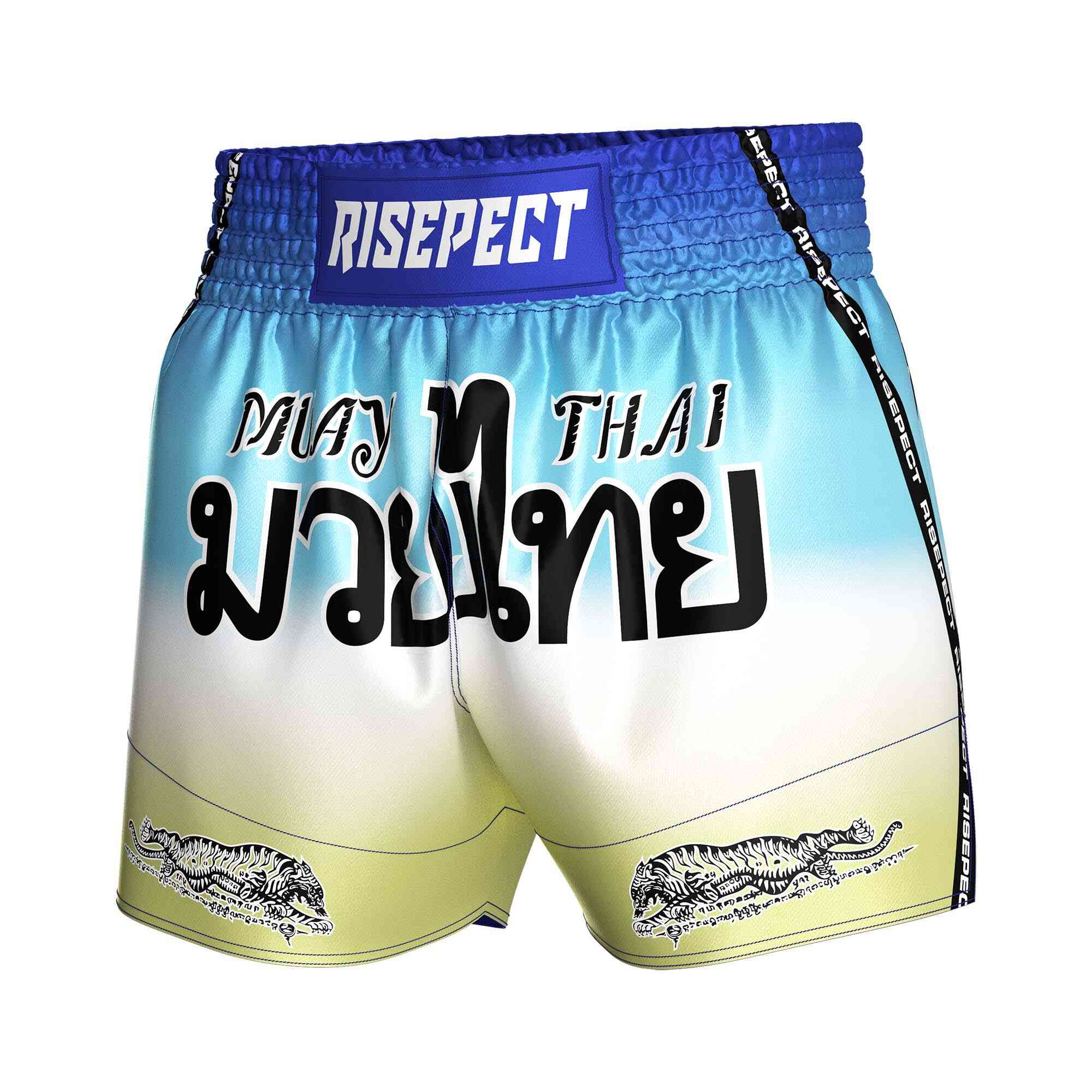 
                Three-colors gradient sublimated popular Muay Thai shorts Rise Muay Thai shorts