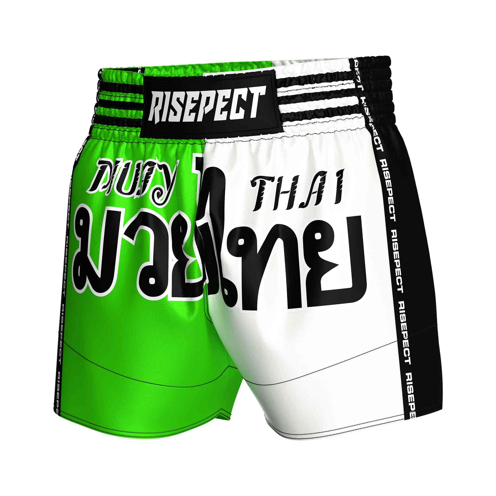 
                Two-color green white popular Muay Thai shorts wholesale Rise Fight shorts