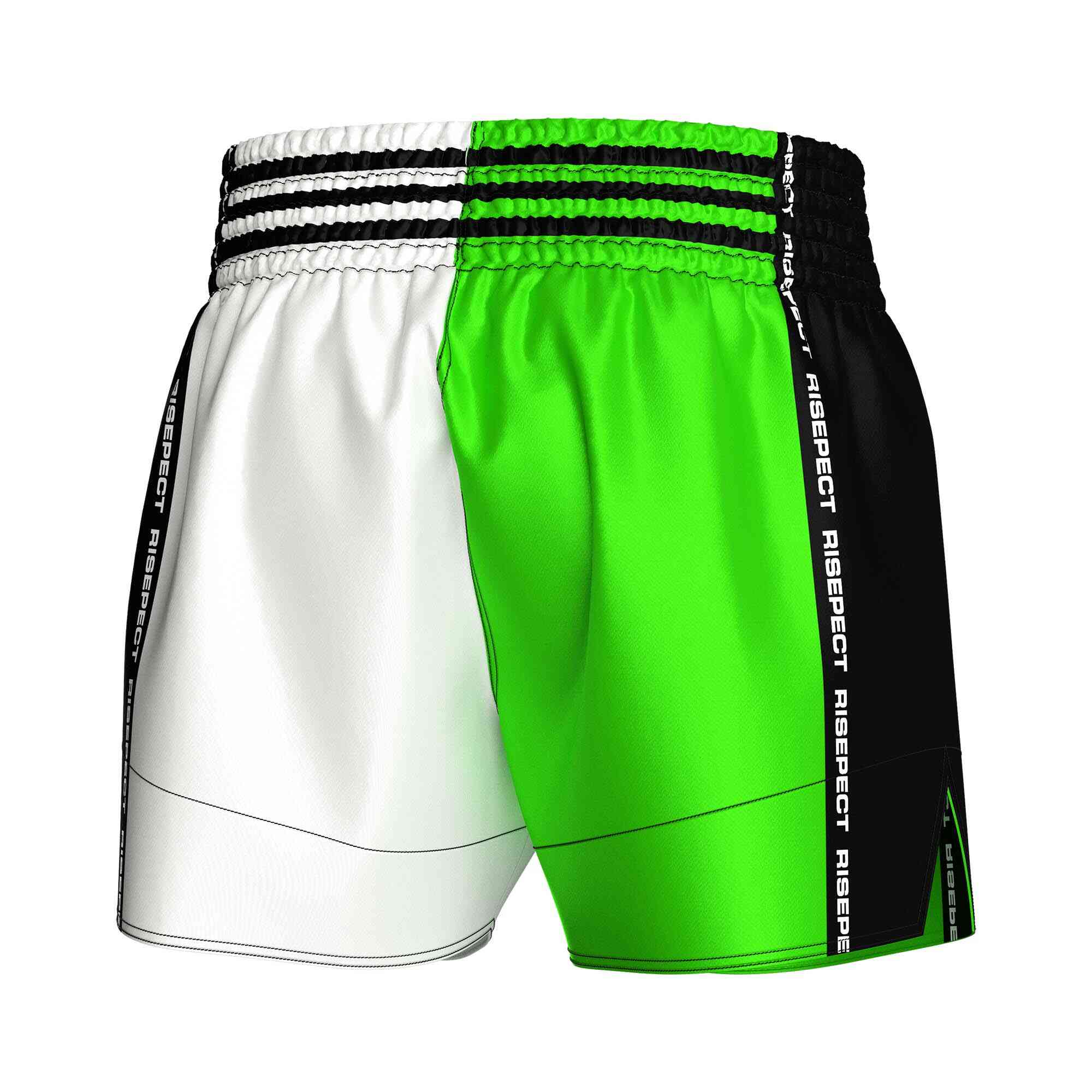 
                Two-color green white popular Muay Thai shorts wholesale Rise Fight shorts