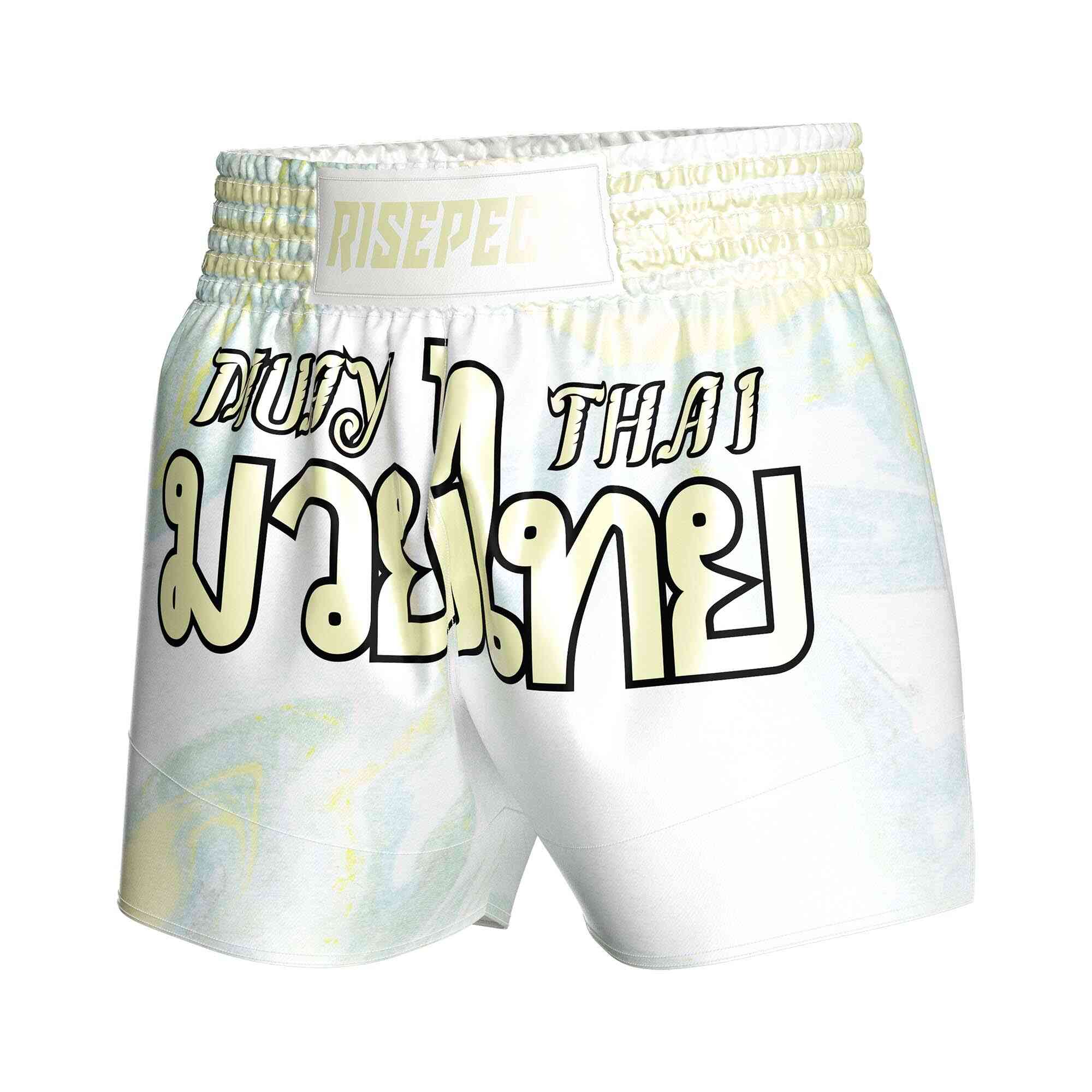 
                Yellow blue gradient sublimated popular Muay Thai shorts Rise Fight shorts