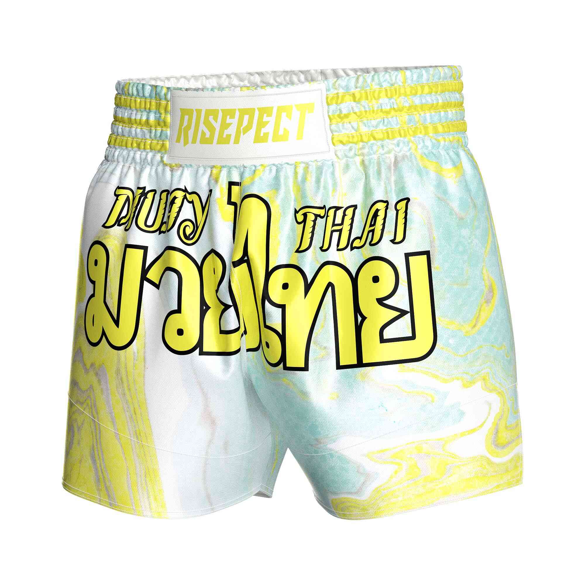 
                Yellow bright text logo sublimated popular Muay Thai shorts Rise fight gear