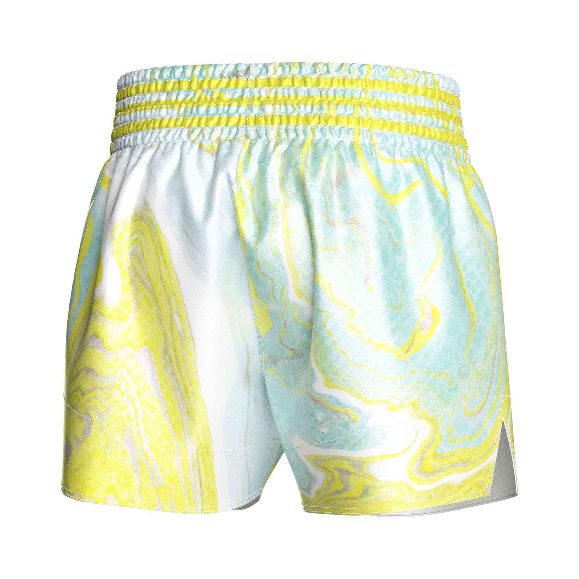 
                Yellow bright text logo sublimated popular Muay Thai shorts Rise fight gear