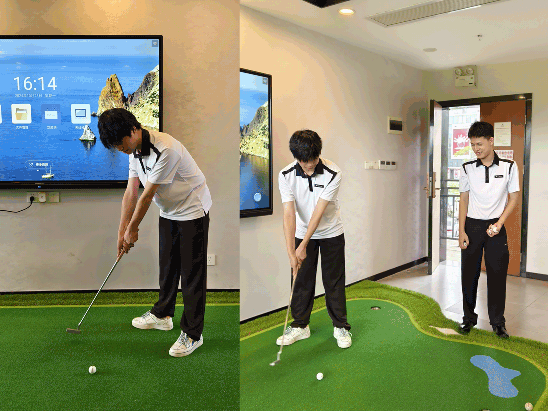 A student of Rise Sportswear practice golf putting in the experience room